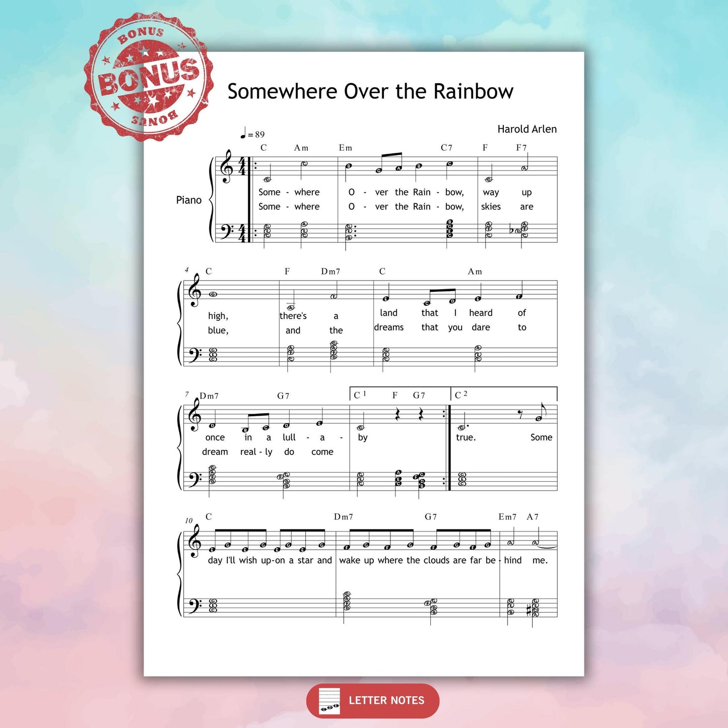 Somewhere Over the Rainbow piano sheet music with lyrics, Grade 3 simplified version. Downloadable PDF designed for early intermediate pianists who want to play and sing this iconic film melody. Clean format, easy to follow, ready to print or use on tablet.