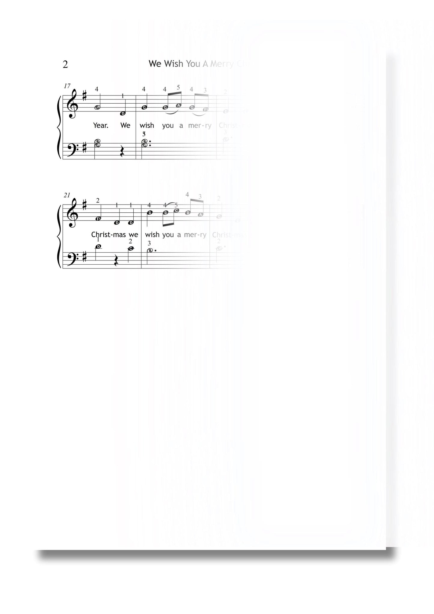 We Wish You a Merry Christmas simplified easy piano PDF displayed with Christmas candles, color and note-name arrangement for festive lessons.