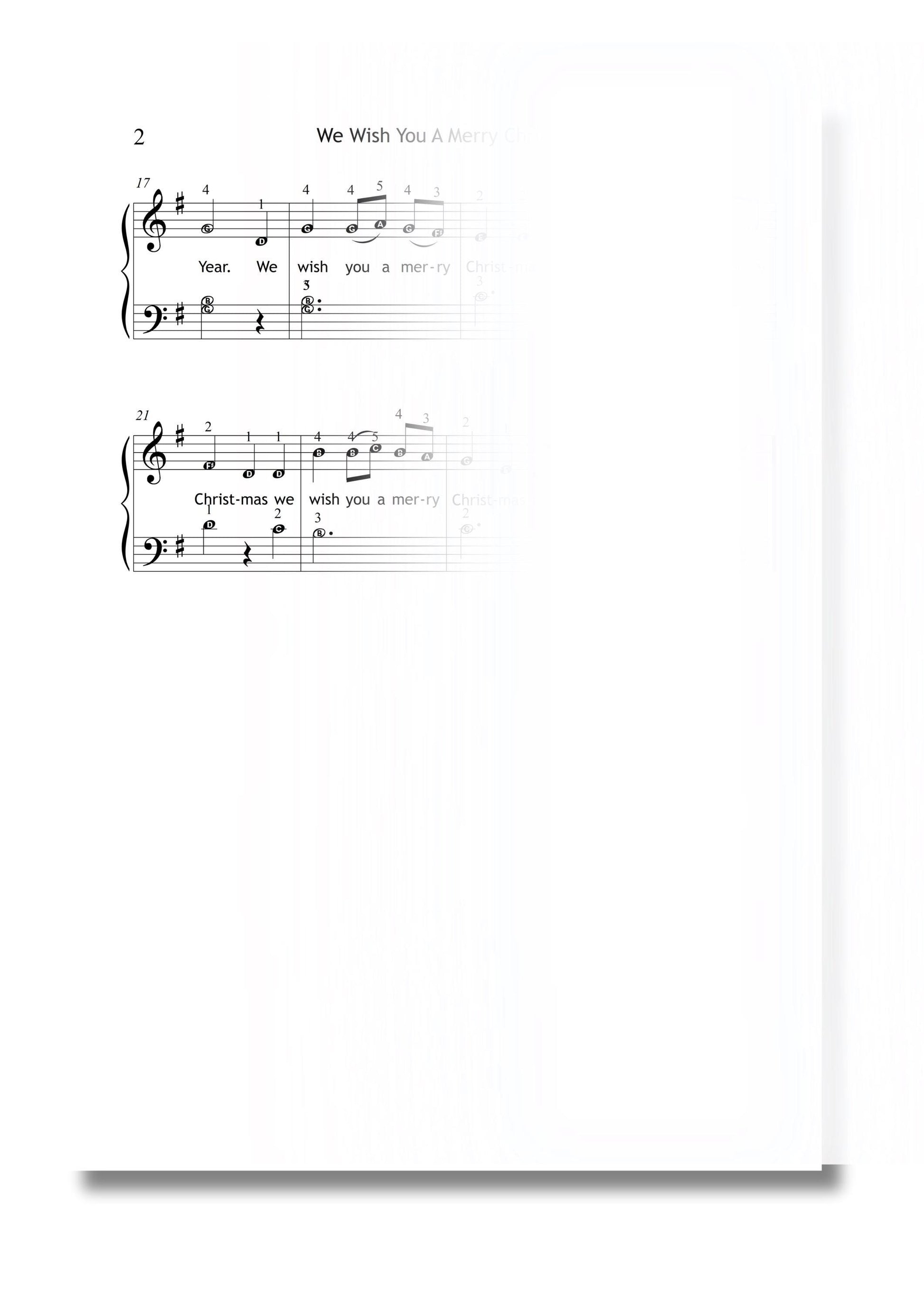 We Wish You a Merry Christmas simplified easy piano PDF displayed with Christmas candles, color and note-name arrangement for festive lessons.