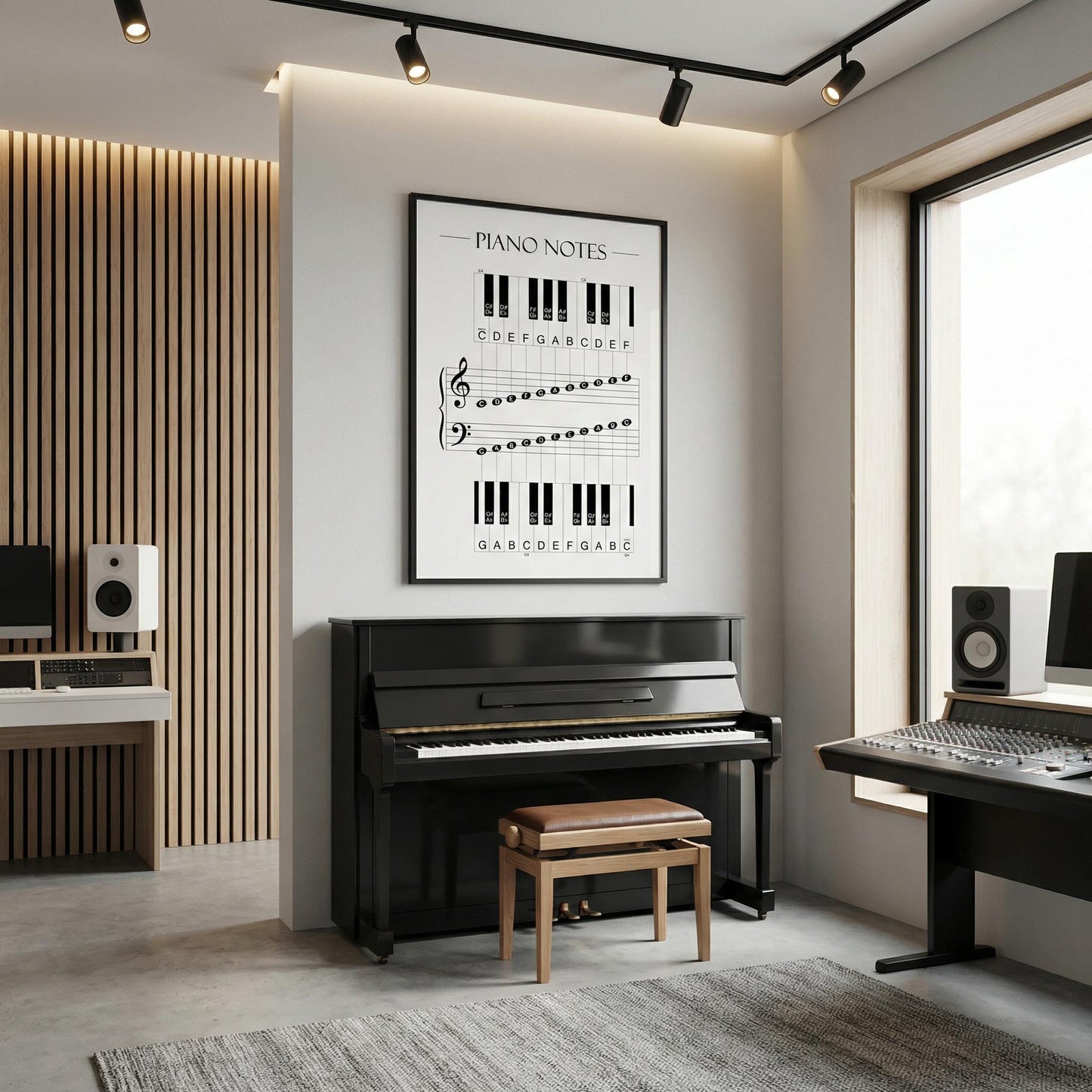 Piano notes learning wall art printable combining keyboard visuals, note names, and staff diagrams for comprehensive beginner instruction.
