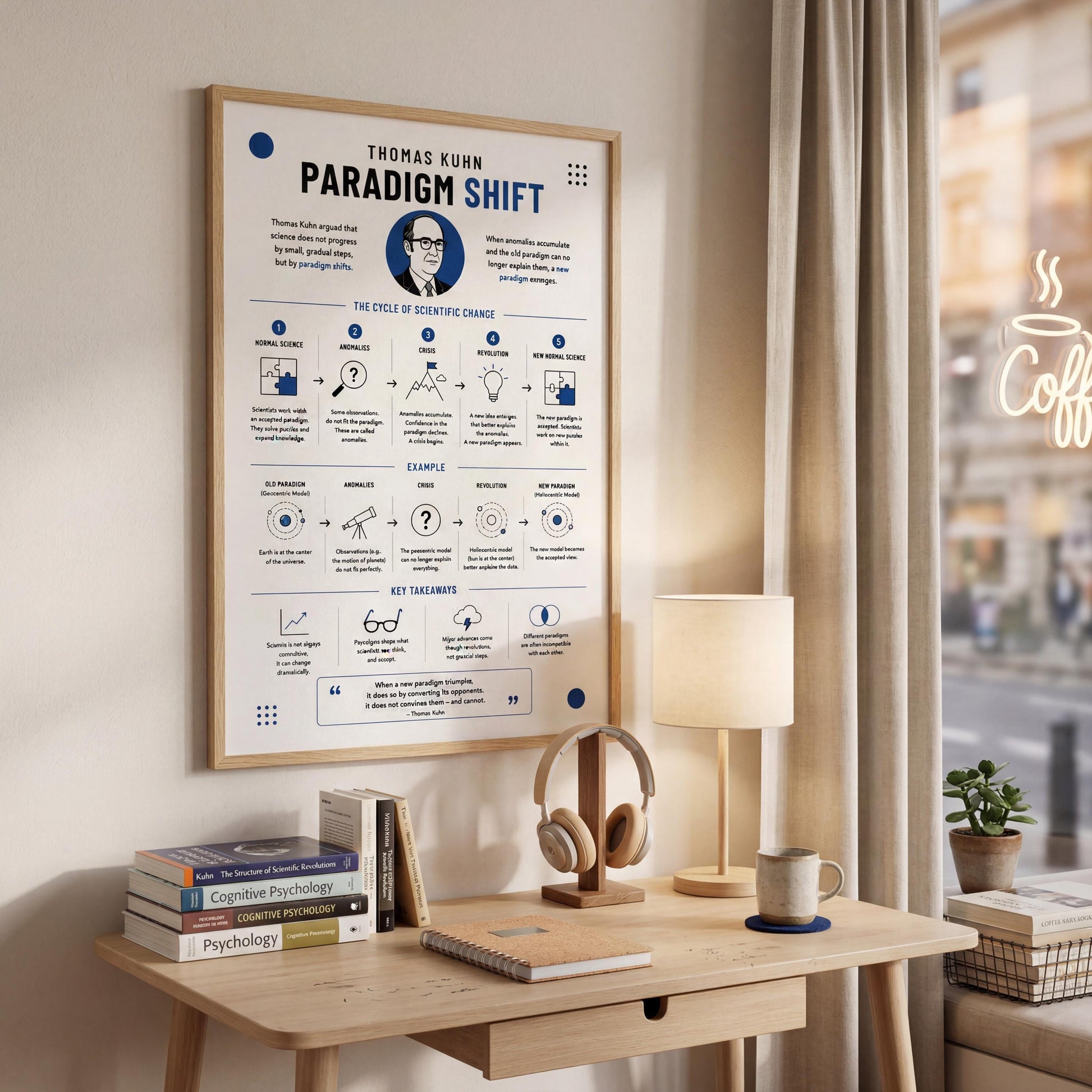 a poster of Thomas Kuhn's "Paradigm Shift" displayed on a wall above a wooden desk with a lamp, books, and a plant.