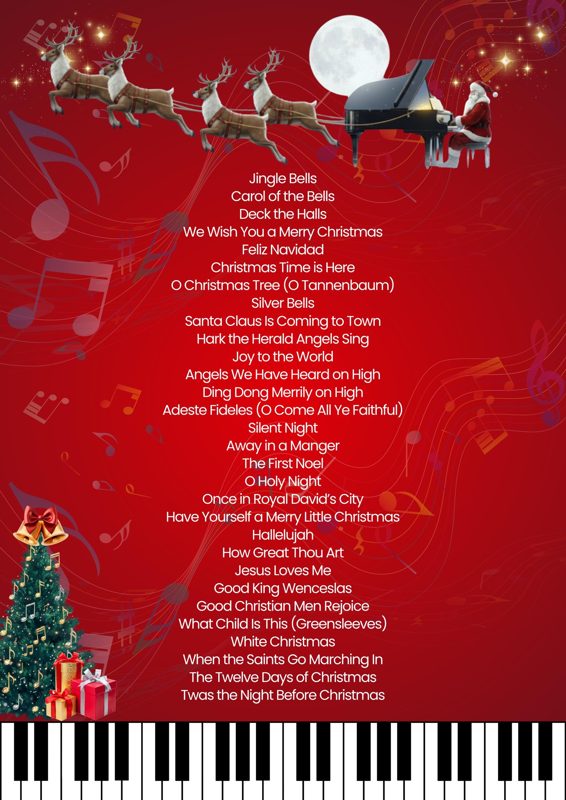Printable Christmas Piano Album PDF – 30 Best Songs for Beginners (Grade 1) including Jingle Bells, O Christmas Tree, White Christmas, Hallelujah, O Holy Night, Joy to the World, Silent Night, The First Noel, and We Wish You a Merry Christmas. Simplified piano sheets with lyrics, perfect easy Christmas piano gift.
