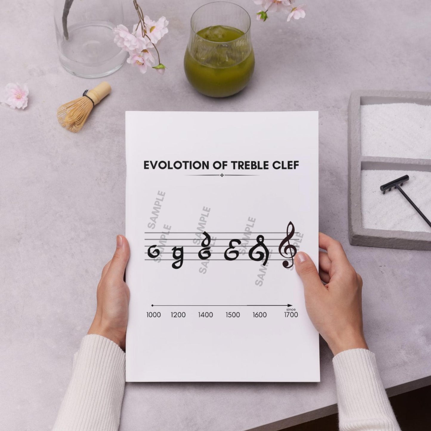 Evolution of the Treble Clef printable wall art poster, high-resolution PDF and PNG digital download showing the historical transformation of the treble clef from the 11th century to the modern form, perfect for music classrooms, studios, or as a gift for teachers and musicians.