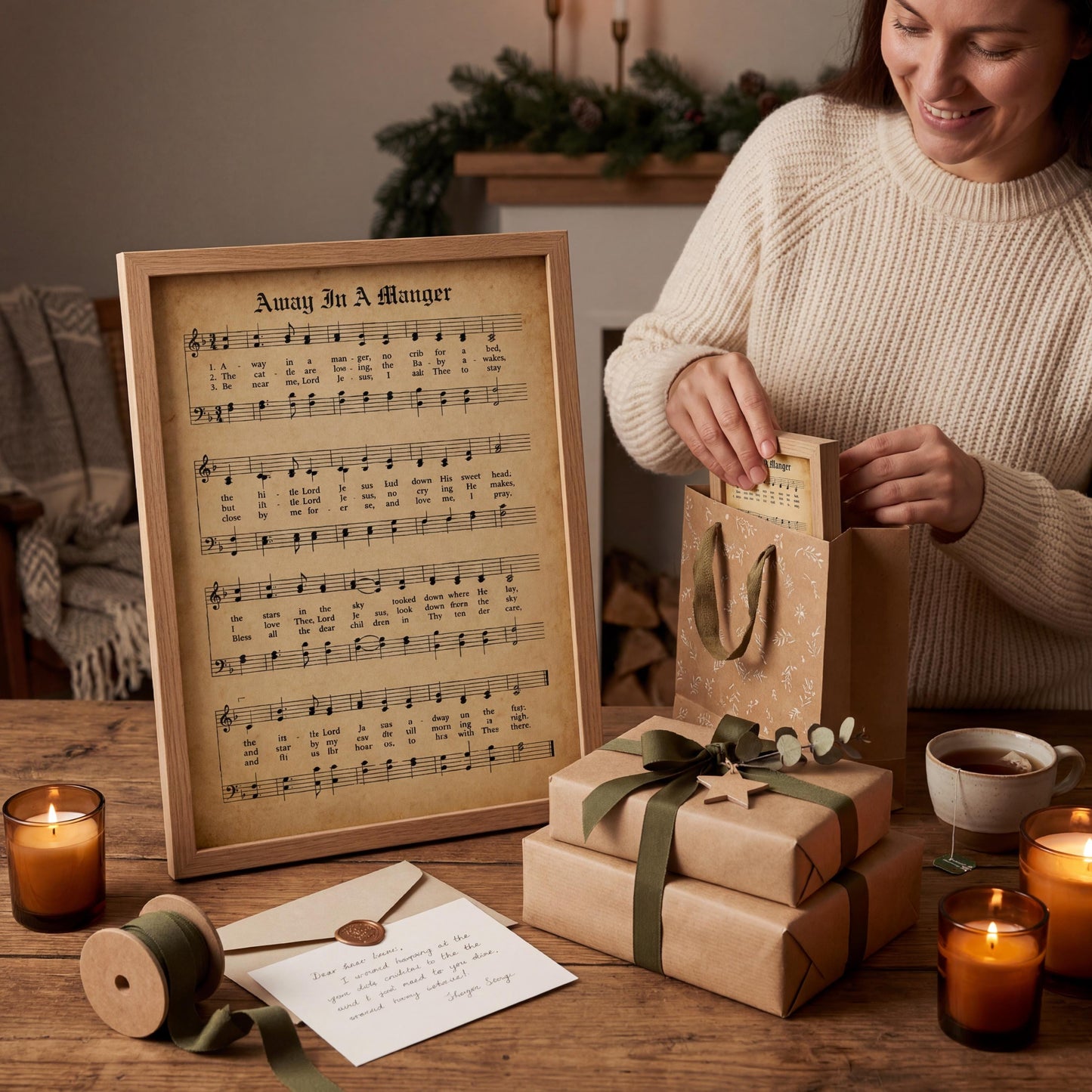 A woman is opening a gift bag on a wooden table, surrounded by wrapped presents, candles, and sheet music.