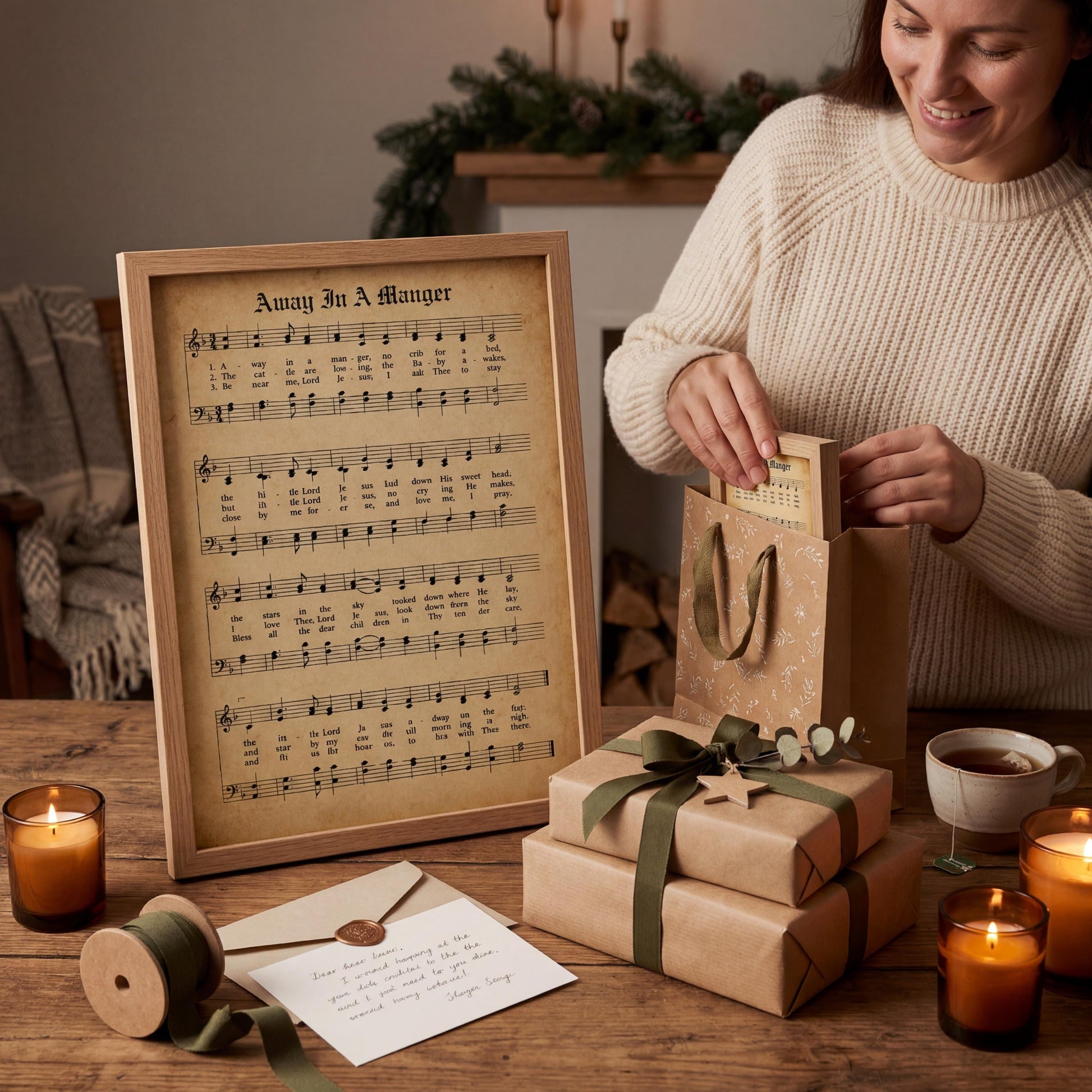 A woman is opening a gift bag on a wooden table, surrounded by wrapped presents, candles, and sheet music.