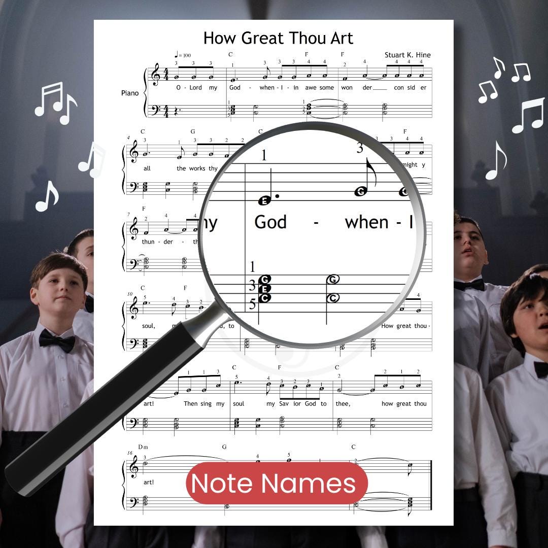 How Great Thou Art by MuzikAkademik – simplified piano sheet music PDF with chords and fingerings featuring a version with note names written directly on the staff. Excellent for music literacy development.
