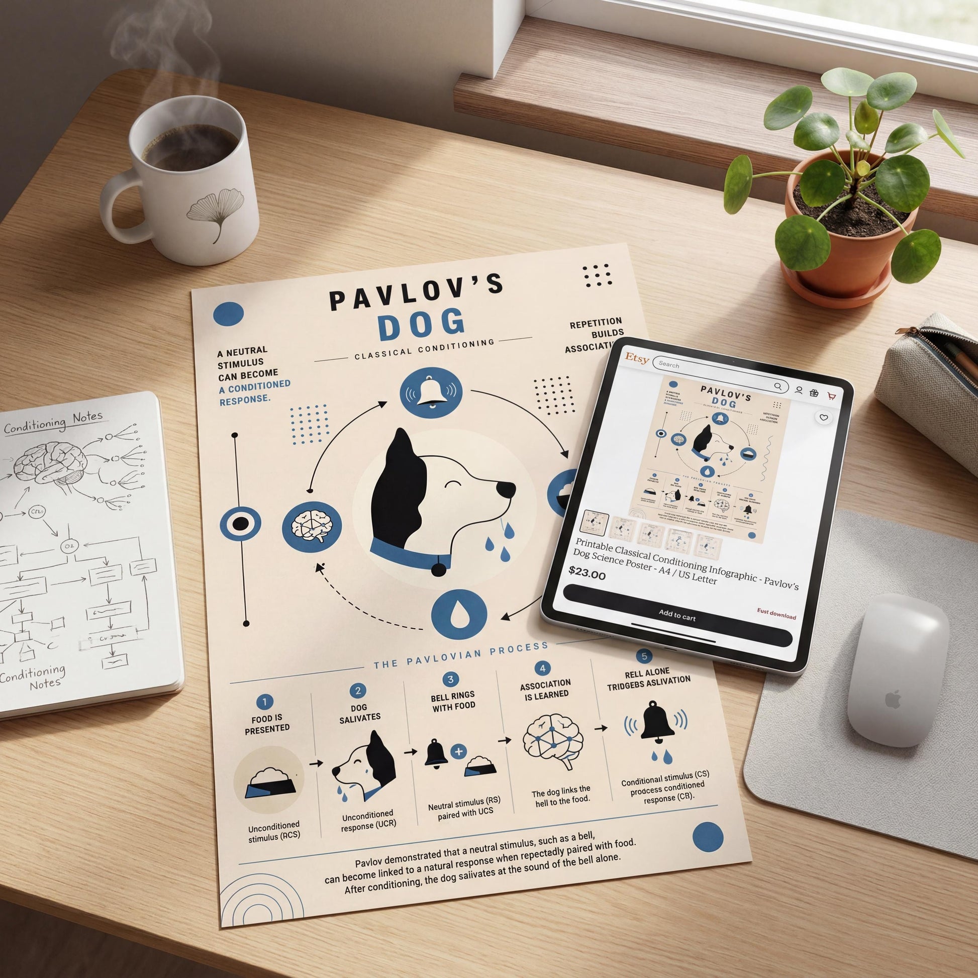 a desk with various items, including a laptop, a mouse, a coffee cup, a plant, and a poster or diagram.