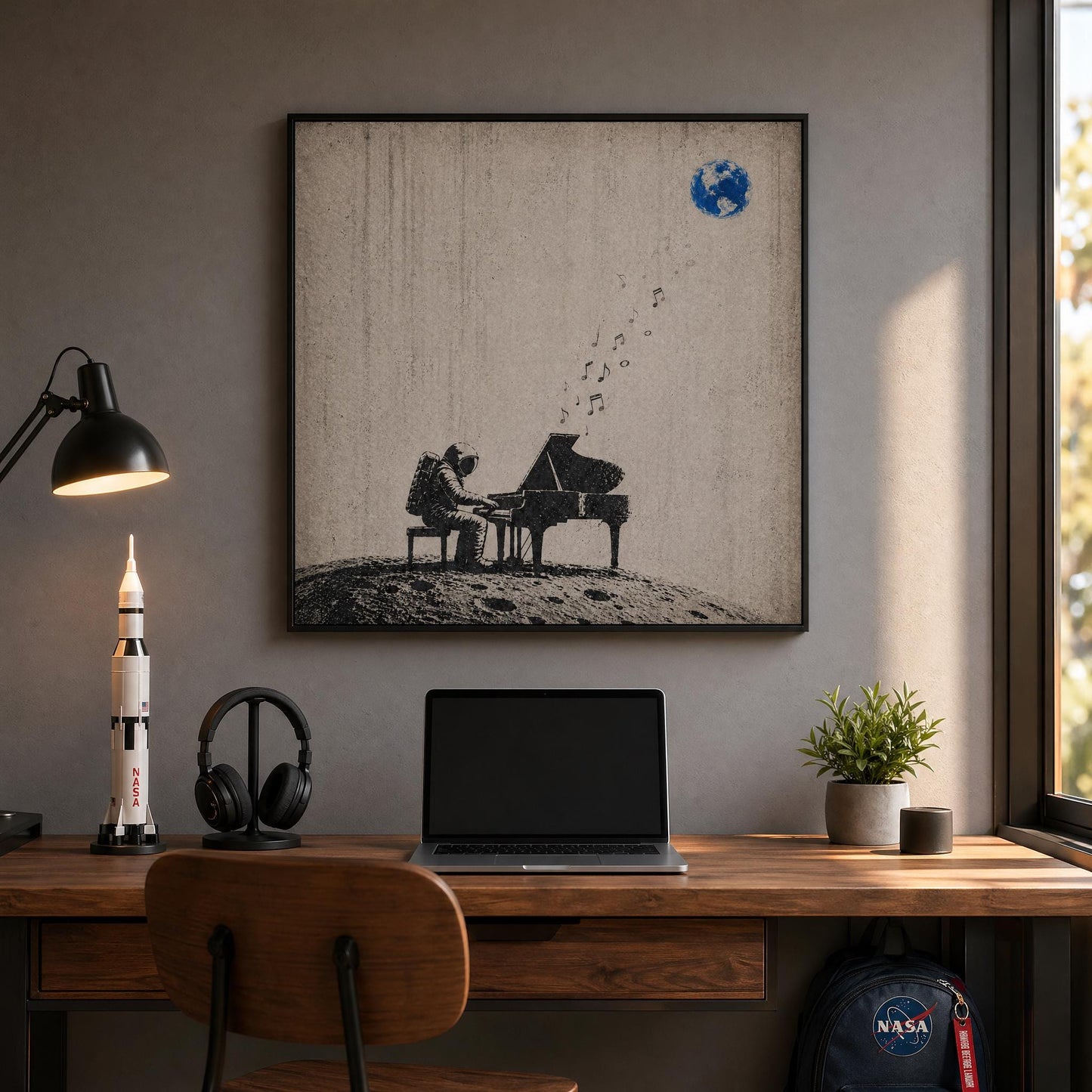 Astronaut Piano Wall Art – Minimalist Space Art | Black White Poster Digital Download