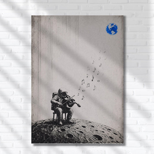 Astronaut Playing Viola Moon Wall Art, Minimal Black White Space Music Poster, Abstract Surreal Artwork, Digital Download Print