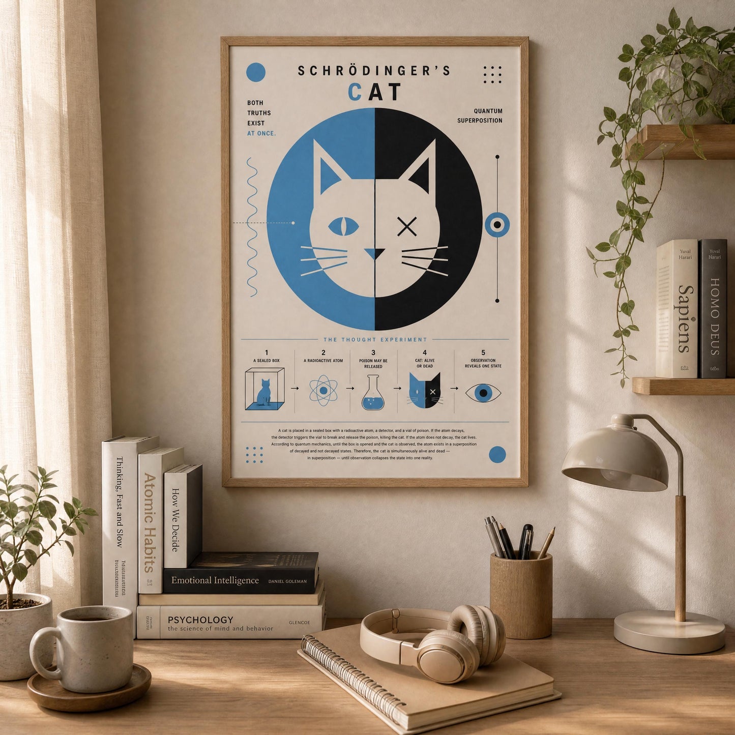 a poster of Schrödinger's cat, a famous experiment in physics, hanging on a wall above a desk with various items on it, including books, a lamp, and a plant.