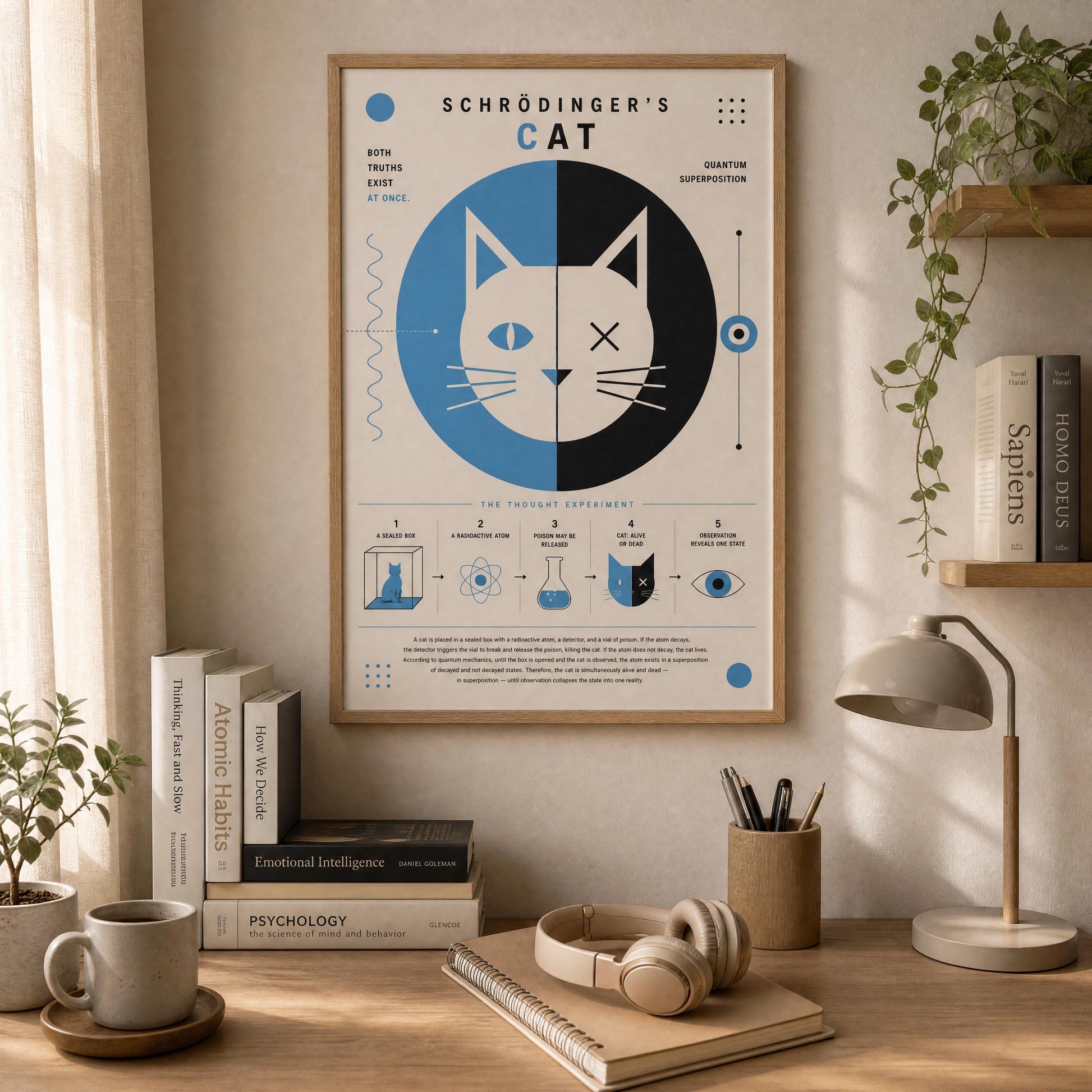 a poster of Schrödinger's cat, a famous experiment in physics, hanging on a wall above a desk with various items on it, including books, a lamp, and a plant.