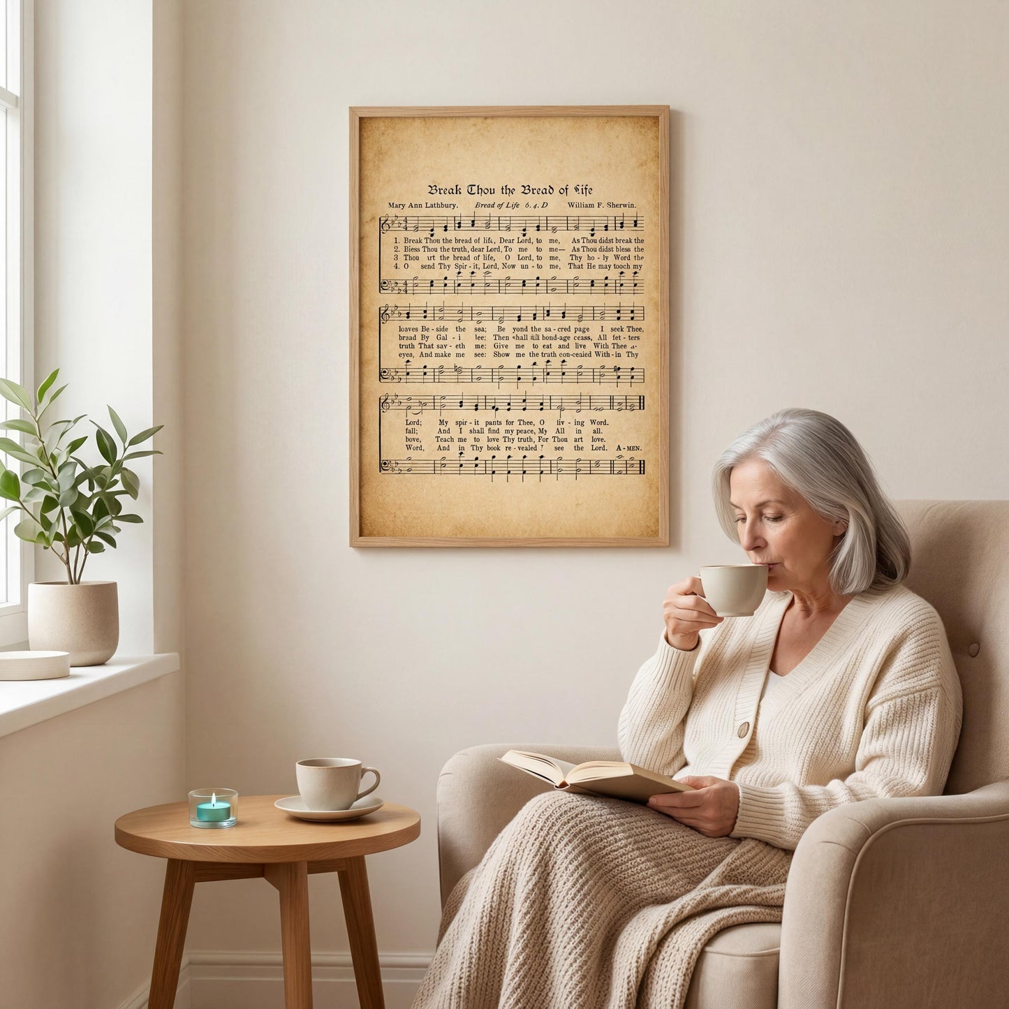 An older woman is sitting in a chair, reading a book and sipping a cup of tea, with a framed sheet music poster of a hymn hanging on the wall behind her.