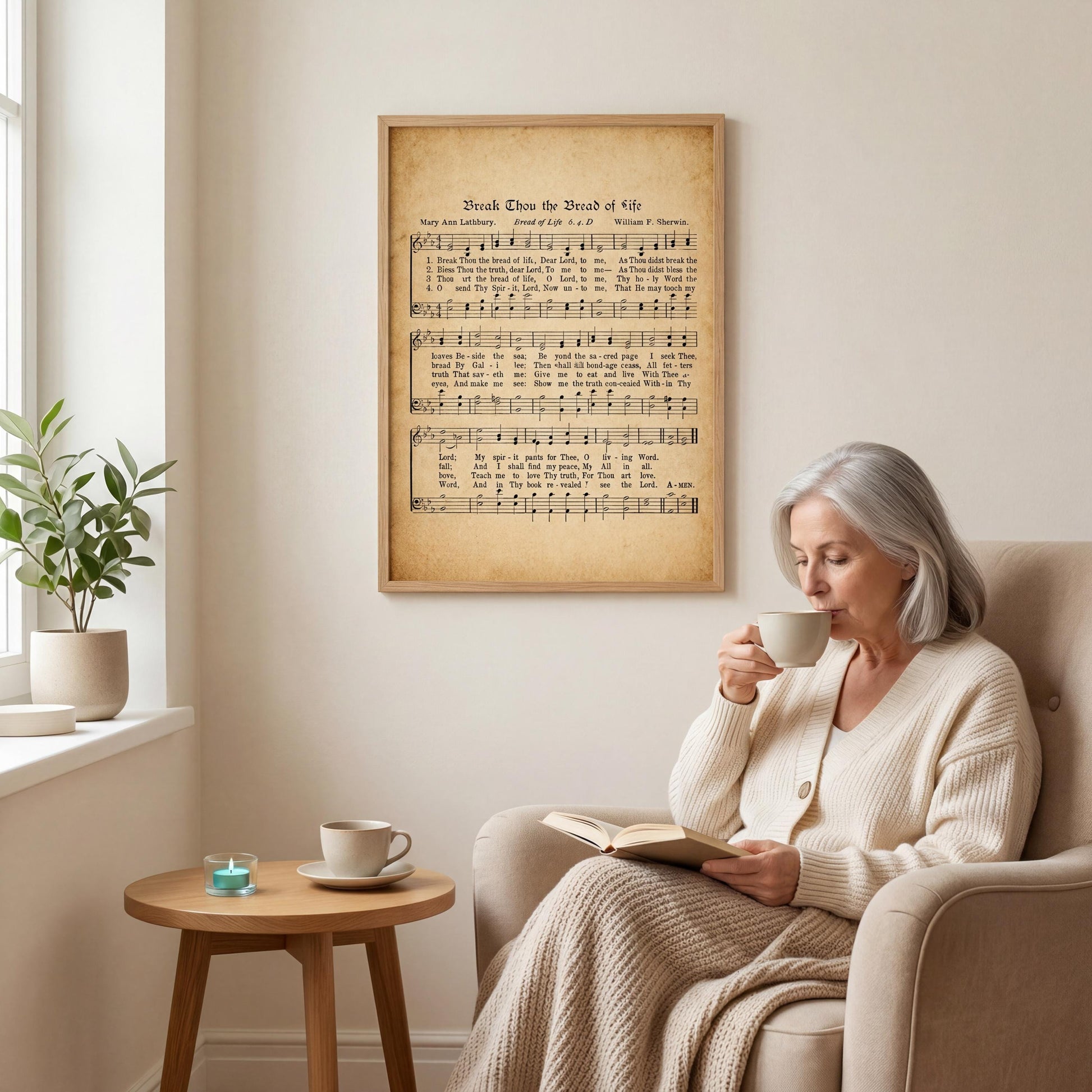 An older woman is sitting in a chair, reading a book and sipping a cup of tea, with a framed sheet music poster of a hymn hanging on the wall behind her.