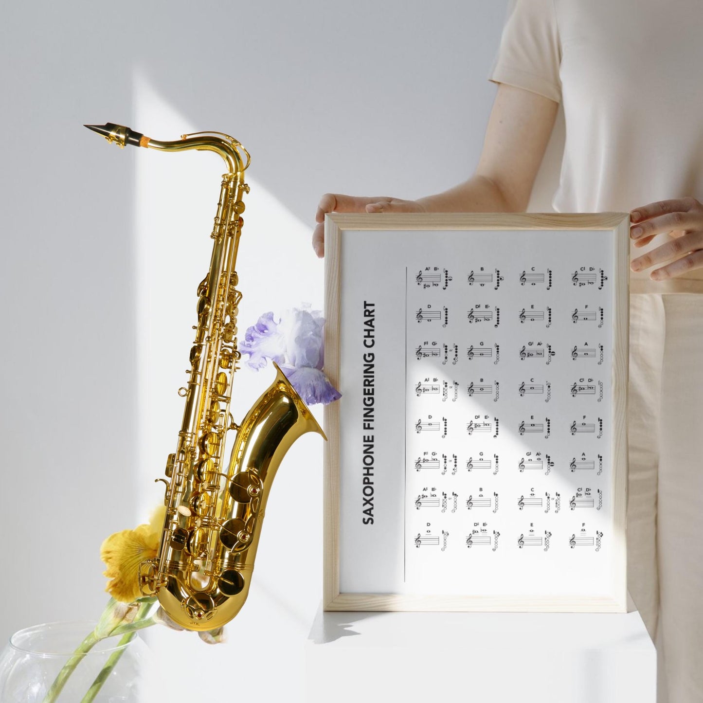 Saxophone Fingering Chart Set educational resource, single-page charts for Alto, Tenor, Baritone, and Soprano saxophones included, printable in A4 to poster sizes, also optimized as PNG files for use on tablets or digital projection in lessons.
