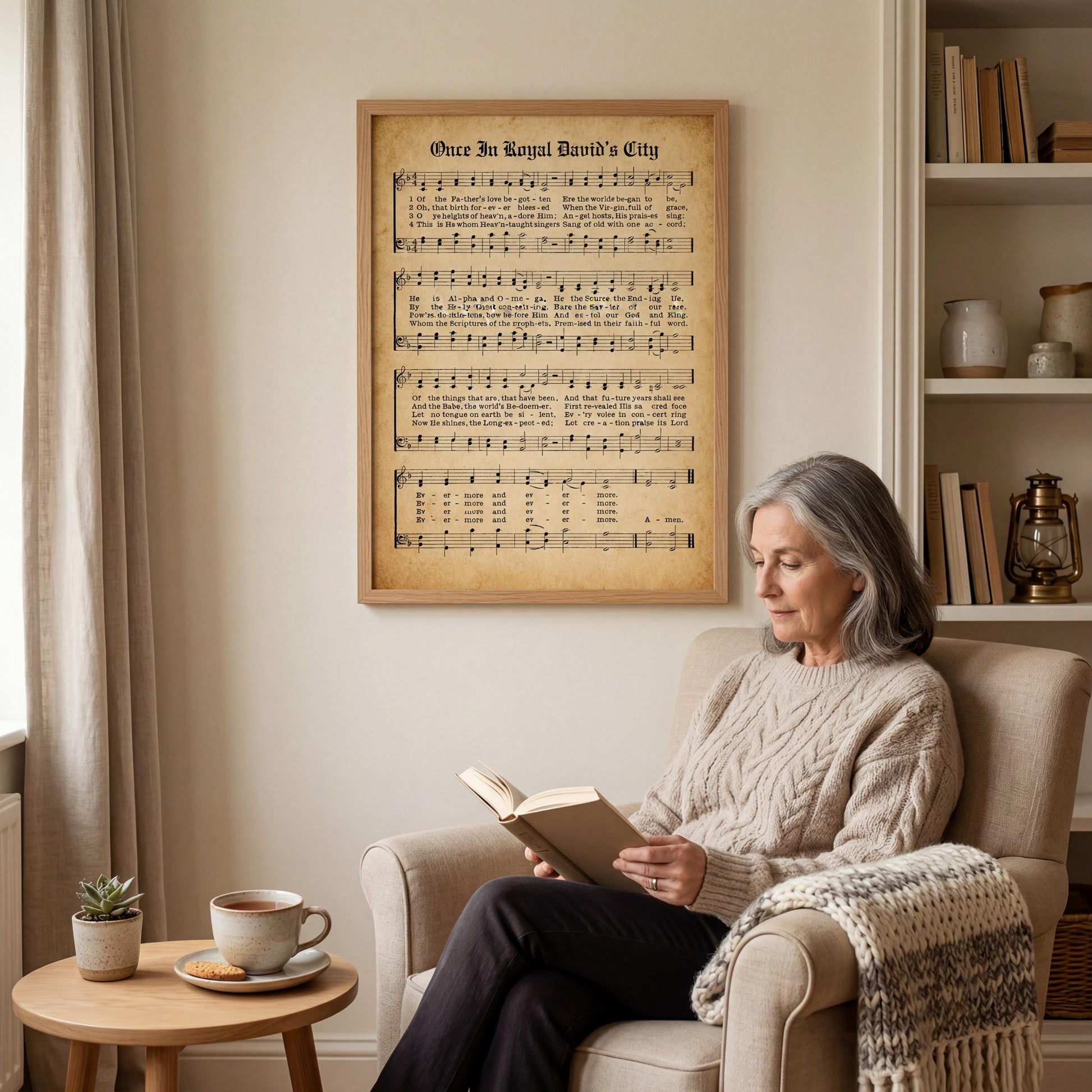 A woman is sitting in a chair, reading a book, with a framed sheet music poster of a hymn hanging on the wall behind her.