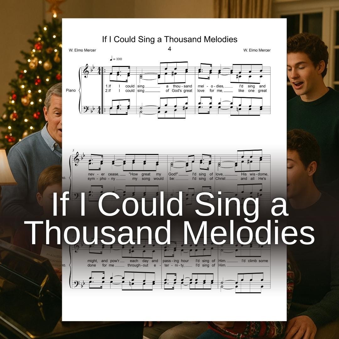 If I Could Sing a Thousand Melodies by an anonymous hymn writer downloadable and simplified piano sheet music PDF shown with the SATB choir and piano arrangement, including finger numbers, color-coded notes, note-name versions, and manuscript-based engraving for clear worship preparation.