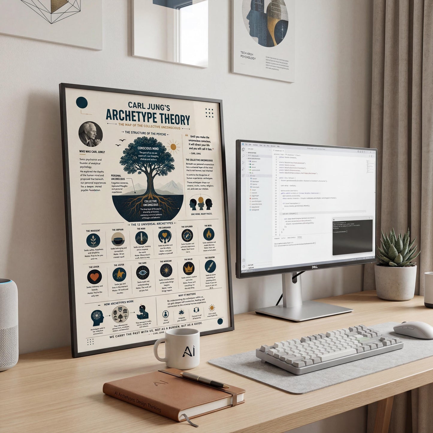 a poster titled "Carl Jung's Archetype Theory" displayed on a wall above a wooden desk with a computer monitor, keyboard, and mouse.