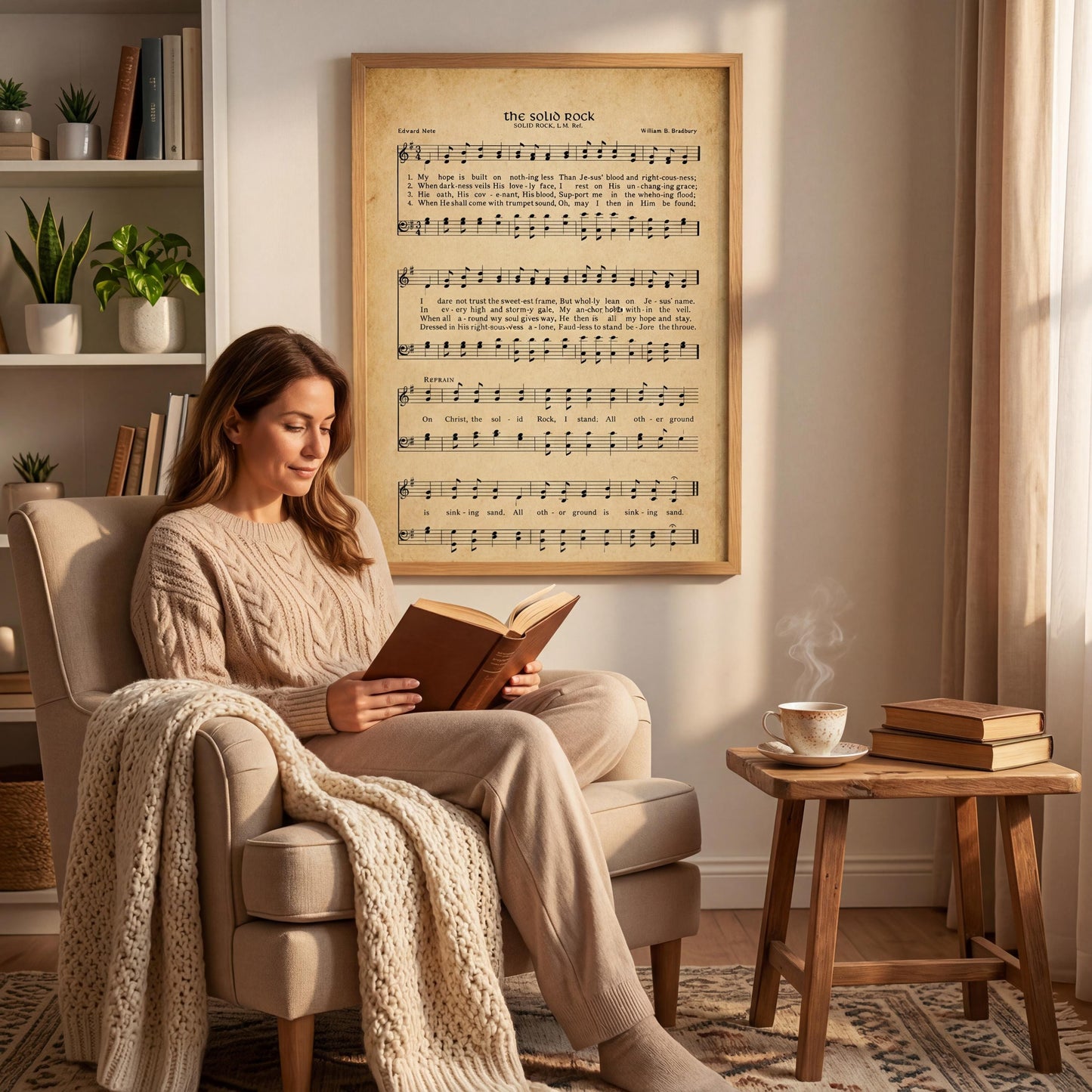 A woman is sitting in a chair, reading a book, with a framed sheet music poster of a song on the wall behind her.