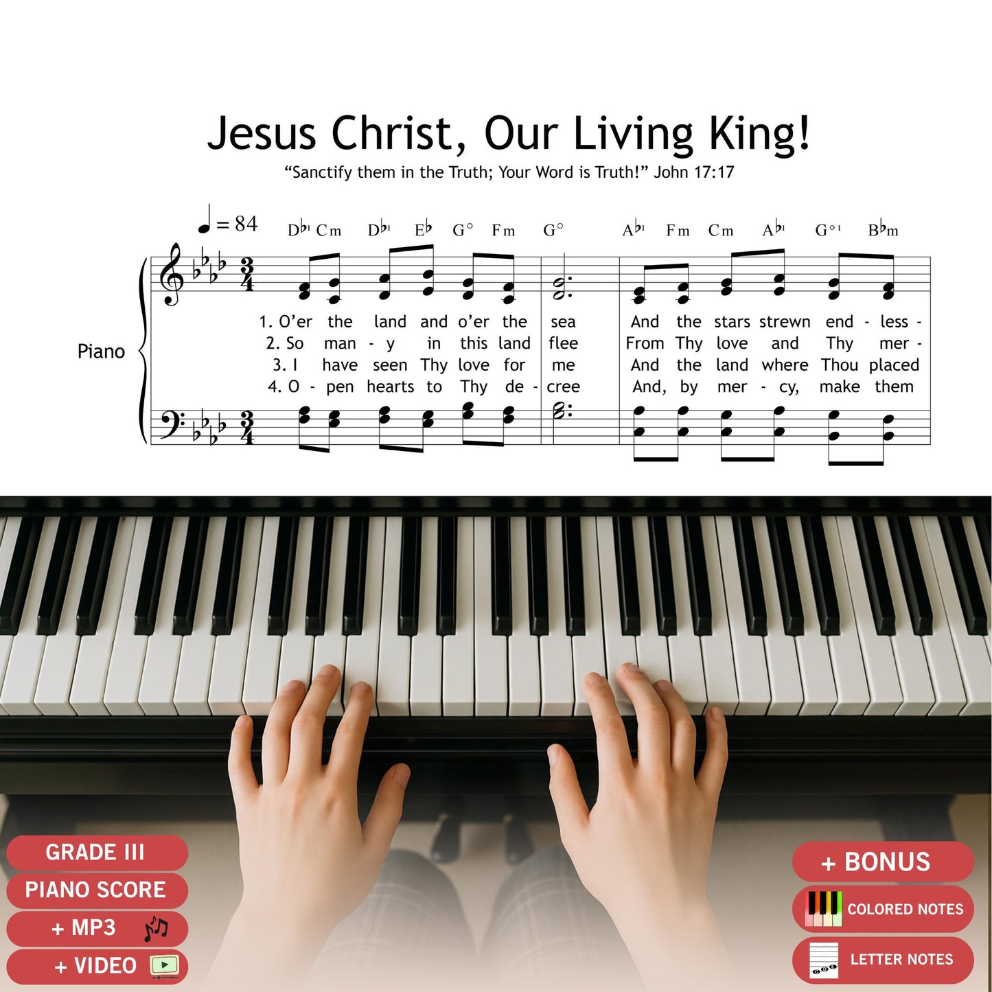 Jesus Christ, Our Living King, downloadable SATB choir and piano sheet music PDF with lyrics. This powerful resurrection hymn is ideal for Easter services, worship concerts, and sacred choral performances. Includes soprano, alto, tenor, bass parts with piano accompaniment. High-resolution printable score for churches and choir directors. Inspiring music to celebrate Christ’s victory and risen glory.