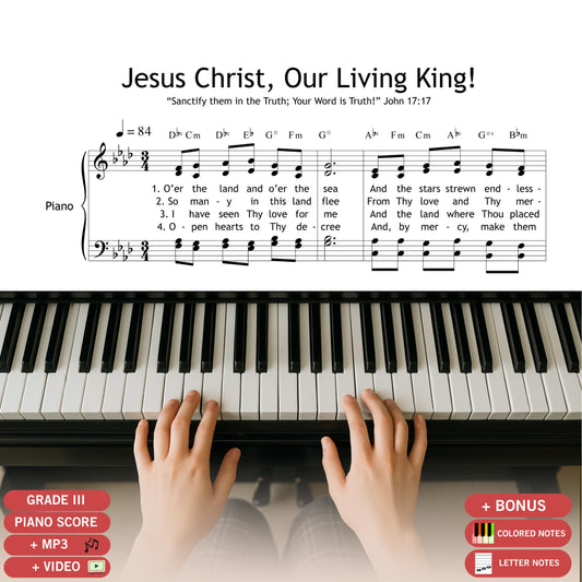 Jesus Christ, Our Living King, downloadable SATB choir and piano sheet music PDF with lyrics. This powerful resurrection hymn is ideal for Easter services, worship concerts, and sacred choral performances. Includes soprano, alto, tenor, bass parts with piano accompaniment. High-resolution printable score for churches and choir directors. Inspiring music to celebrate Christ’s victory and risen glory.