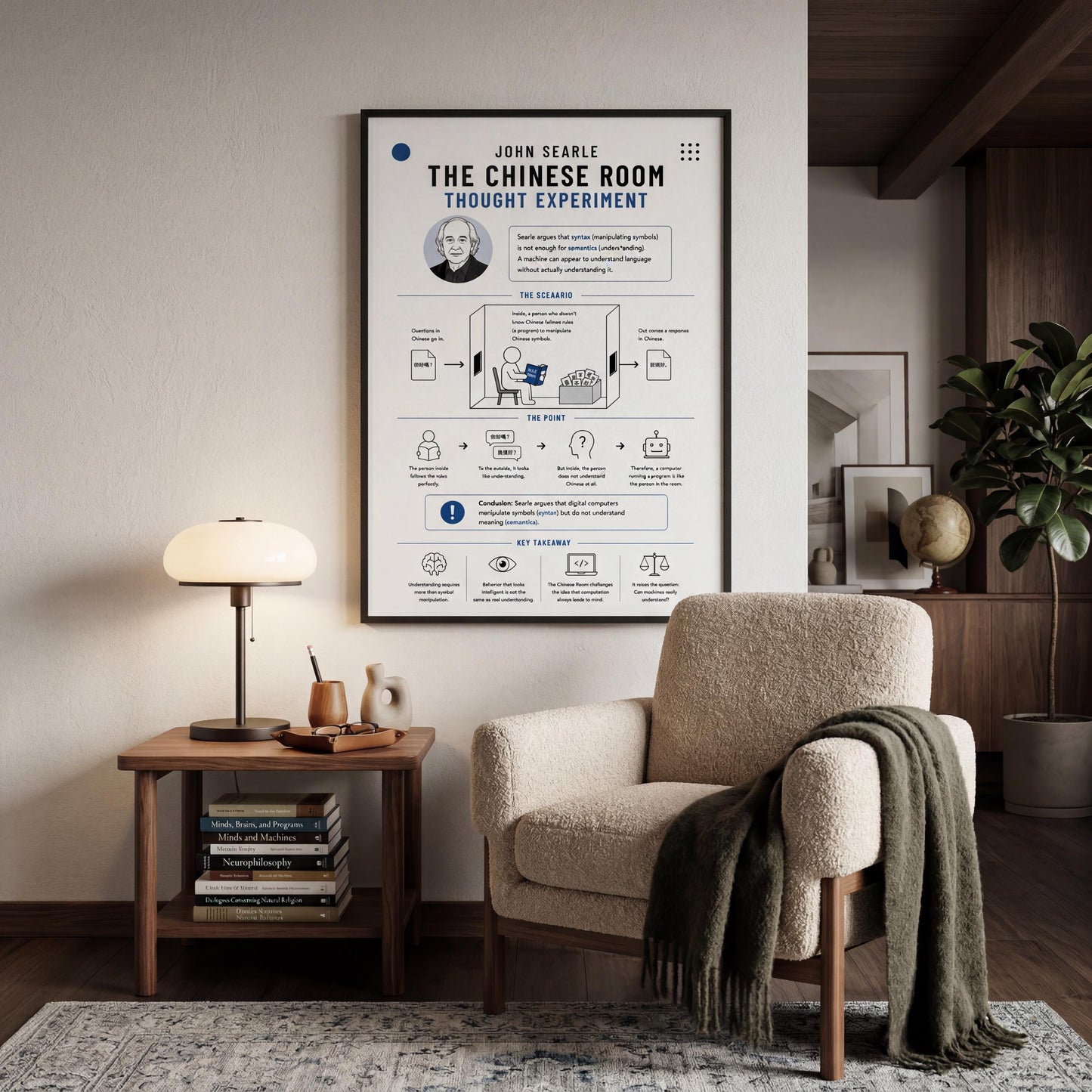 a poster of John Seare's "The Chinese Room Thought Experiment" displayed on a wall in a living room setting.