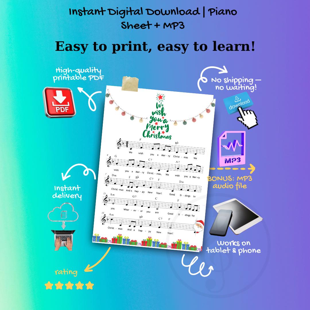 We Wish You A Merry Christmas | Easy Holiday Songs With Color Coded Notes & Tutorial Video Beginner Piano Sheet Music