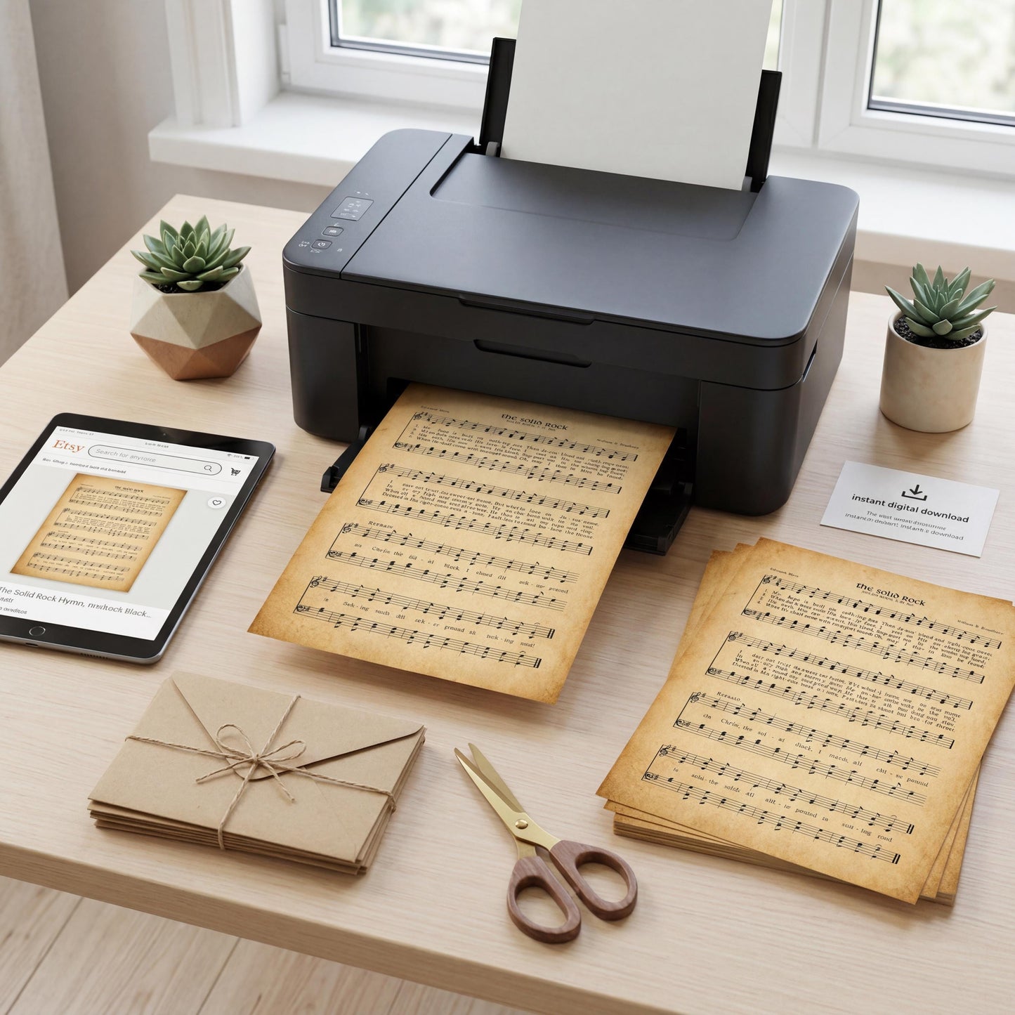 a desk with various items, including a printer, a tablet, a pair of scissors, and some sheet music.