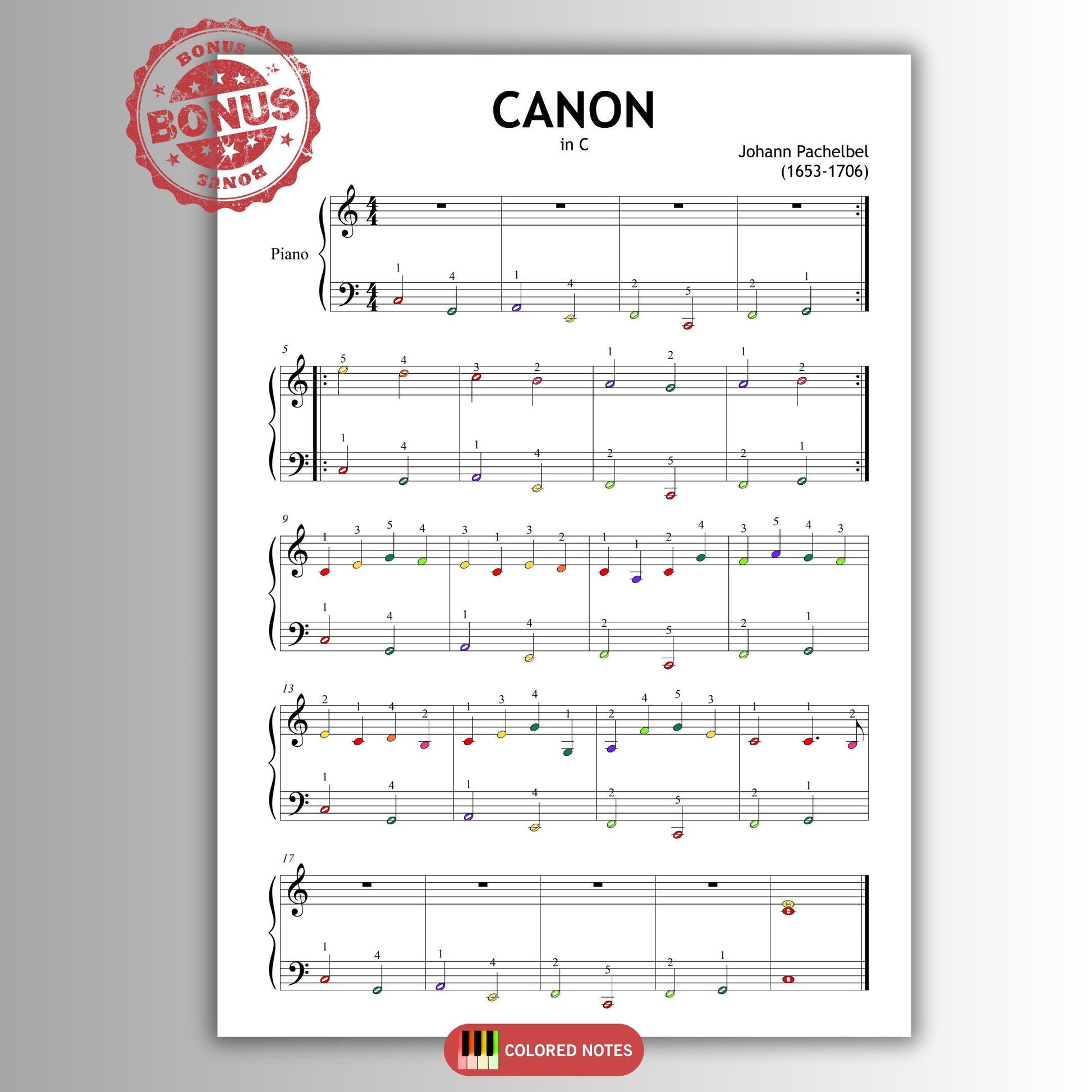Canon in D Pachelbel Grade 1 easy piano sheet open on piano stand, beginner-friendly notation ideal for students and teachers, includes optional violin and flute parts.
