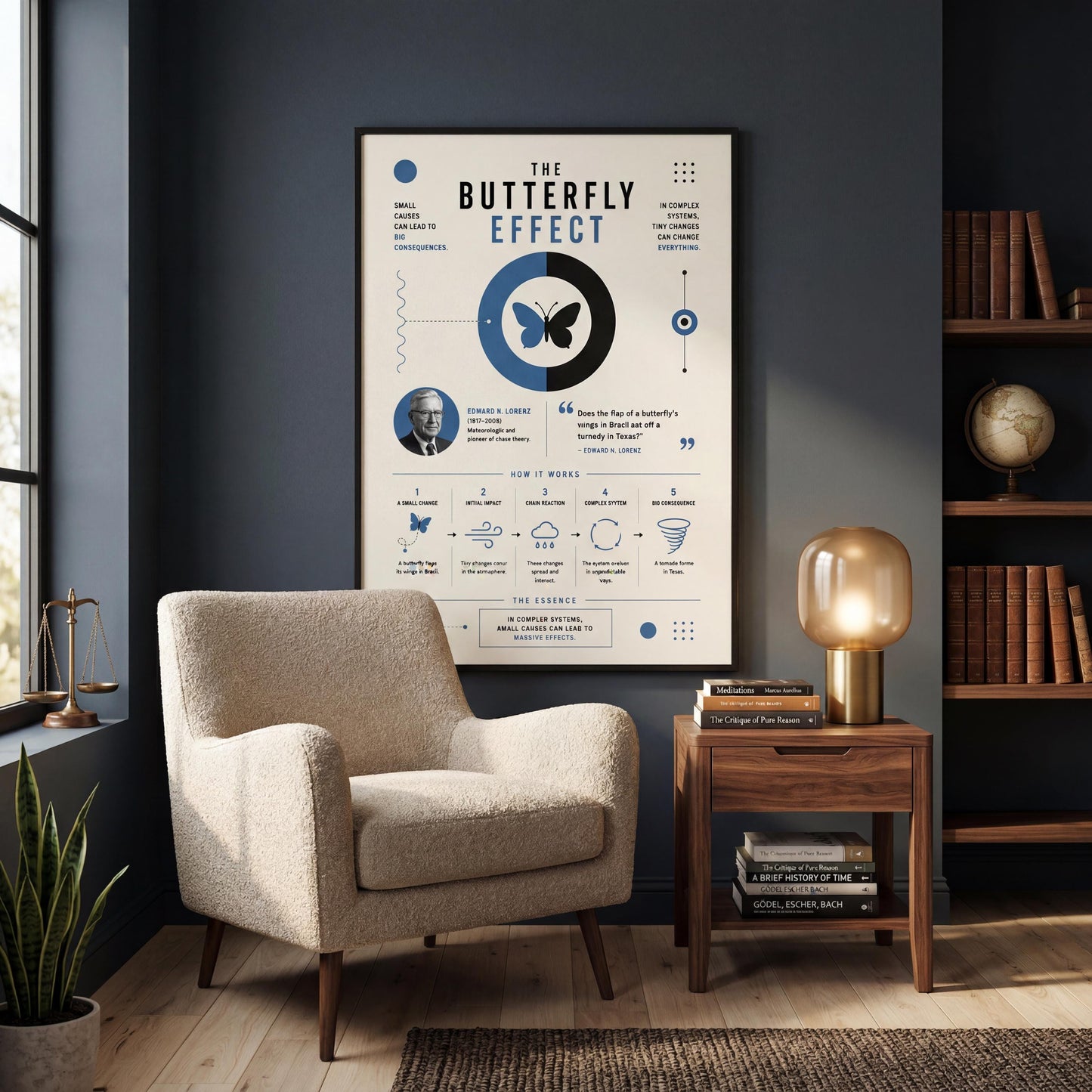 a poster titled "The Butterfly Effect" hanging on a wall in a room with a beige armchair, a wooden side table, and a globe.