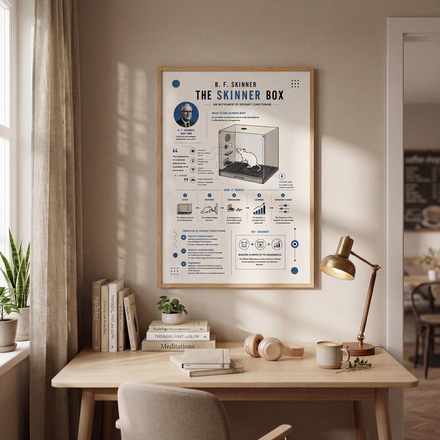 a poster of a man named Dr. R. F. Skinner, who is known for his work on the Skinner Box, a device used in animal behavior research. The poster is hanging on a wall above a wooden desk, which has a lamp, a plant, and several books on it.