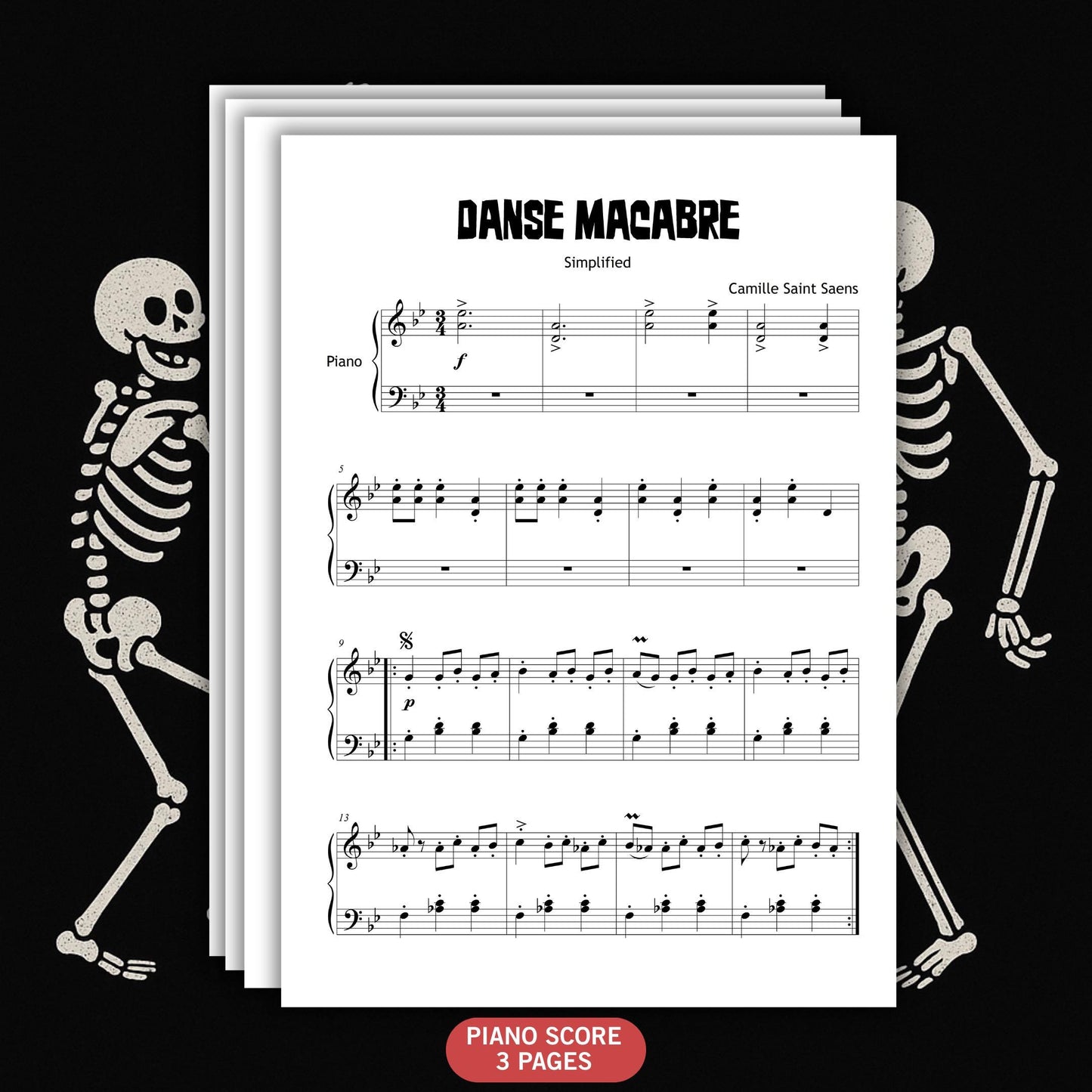 Saint-Saëns Danse Macabre beginner piano sheet music, Grade 1–2 Halloween simplified edition, professionally engraved PDF with note names, color-coded notes, MP3 practice audio, and MP4 animated tutorial video.