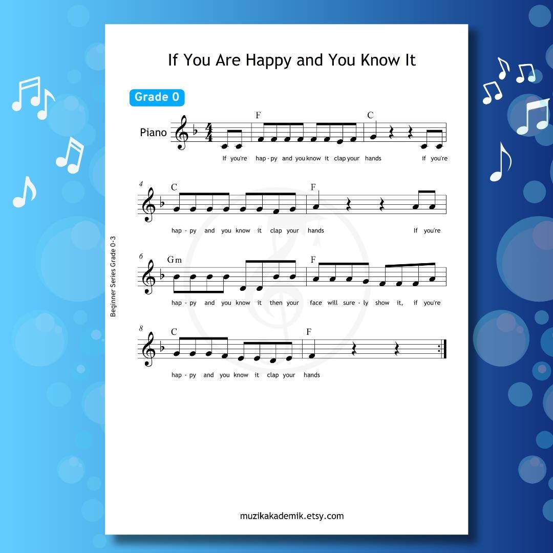 If You Are Happy and You Know It - Easy Piano Sheet Music | Grade 0 | Kids Song PDF MP3 VideoIf You Are Happy and You Know It traditional downloadable and simplified piano sheet music PDF shown in a Grade 0 beginner layout with finger numbers, color-coded notes, note-name versions, and manuscript-based engraving, designed for very young children learning this classic kids’ song with MP3 and video support.