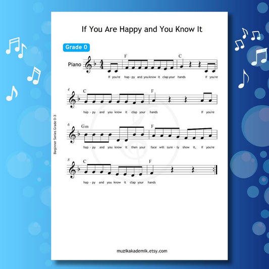 If You Are Happy and You Know It - Easy Piano Sheet Music | Grade 0 | Kids Song PDF MP3 VideoIf You Are Happy and You Know It traditional downloadable and simplified piano sheet music PDF shown in a Grade 0 beginner layout with finger numbers, color-coded notes, note-name versions, and manuscript-based engraving, designed for very young children learning this classic kids’ song with MP3 and video support.