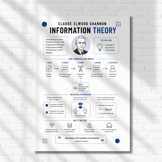 The image is a poster or infographic about Claude Elwood Shannon's Information Theory, which is a foundational concept in information science. The poster features a blue and white color scheme with various icons and illustrations to explain the theory.