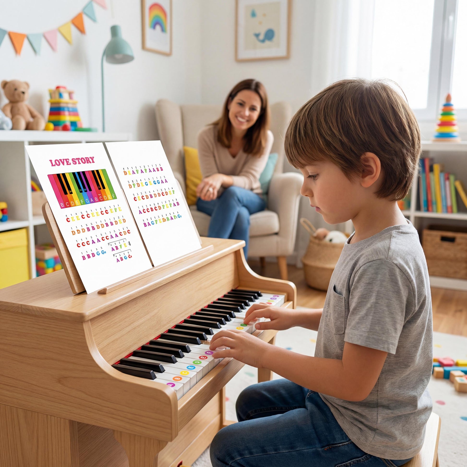 Love Story piano sheet for kids Grade 0 letter notes edition, designed with minimal technical demand, bright color association, and clean white background for easy A4 and US Letter printing.