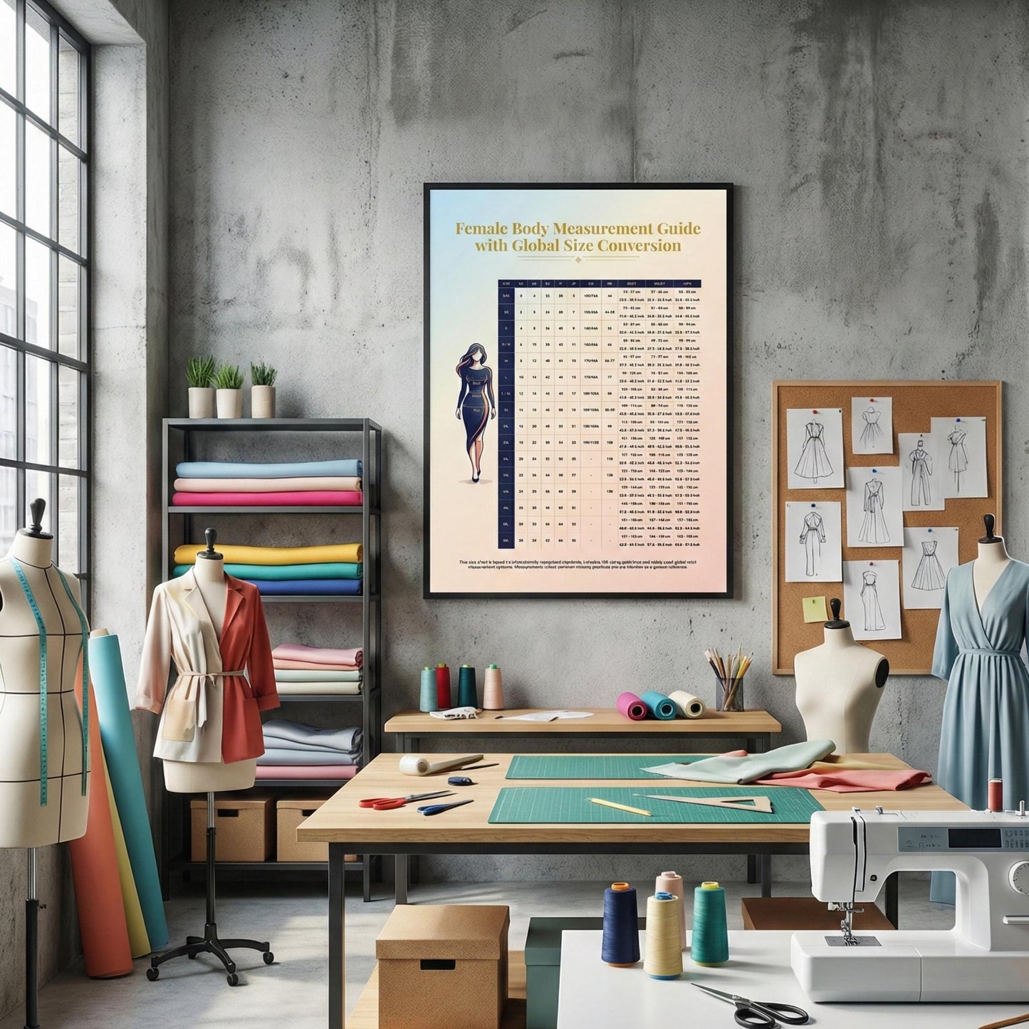 Female Body Measurement Guide with Global Size Conversion presented as a modern women’s sizing reference with a female silhouette illustration, global clothing size conversions, and clearly labeled bust, waist, and hip measurements for everyday or professional use.