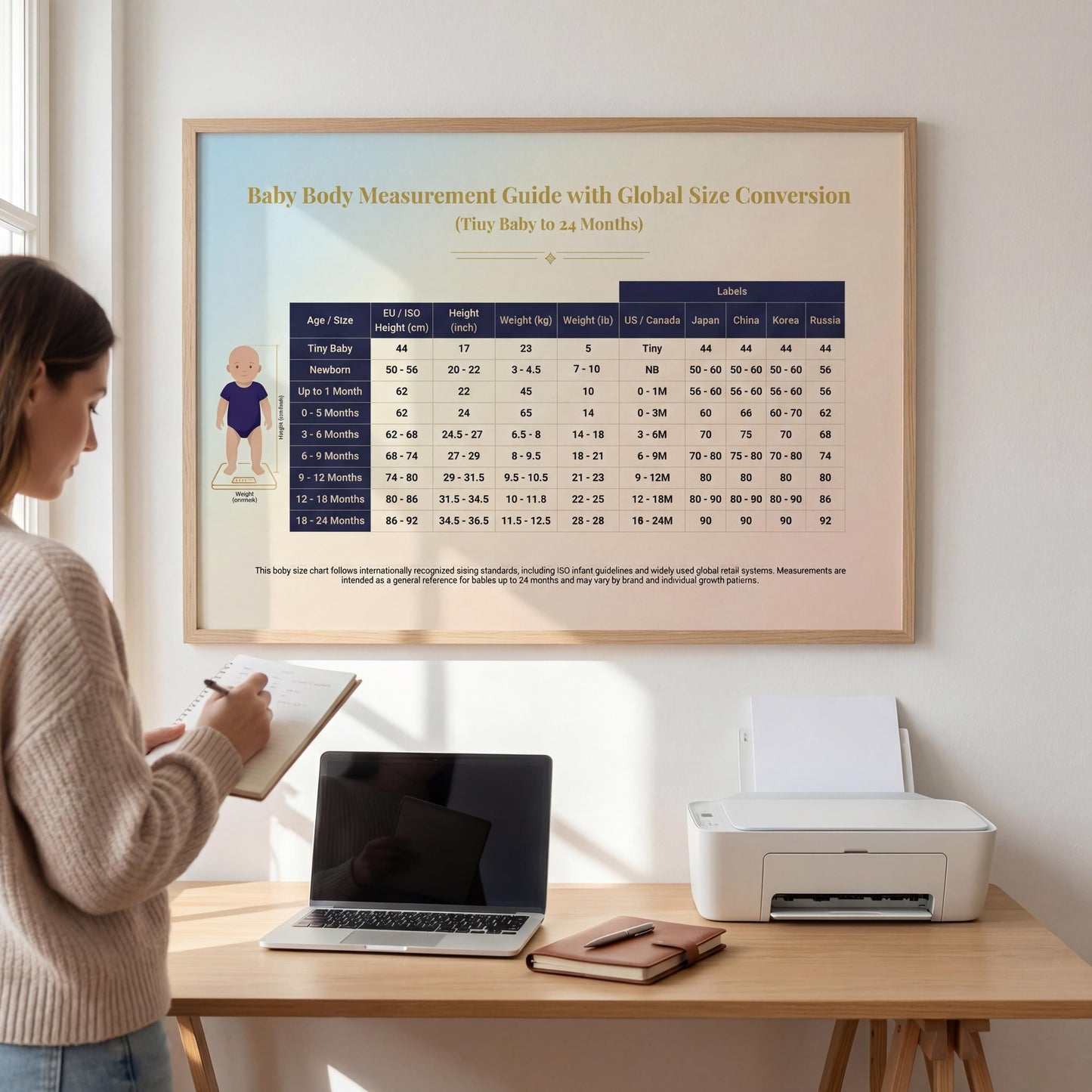 Printable Baby Size Reference Chart – International Height and Weight Guide from Newborn to 24 Months | Digital Download