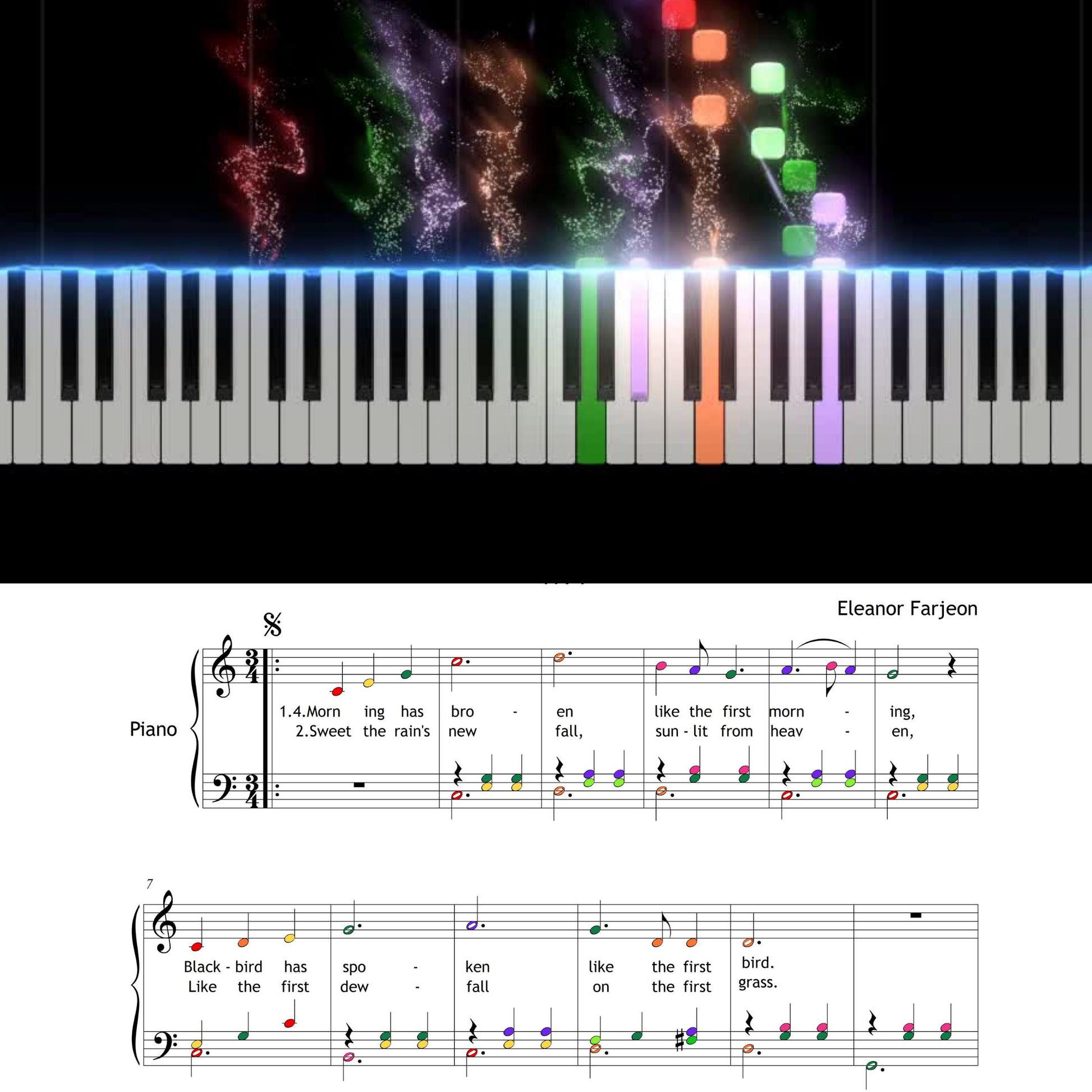 Morning Has Broken by Eleanor Farjeon and Bunessan tune, Grade 2 easy piano sheet with lyrics and color-coded notes, printable PDF for sacred music learners.
