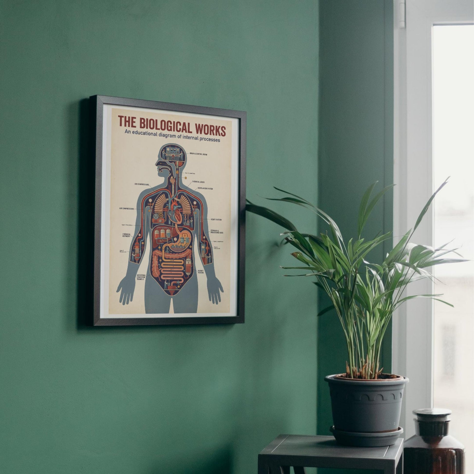 Printable vintage anatomy diagram wall art showing the human body as an engineered system, blending retro illustration style with educational clarity for science classrooms and study spaces.