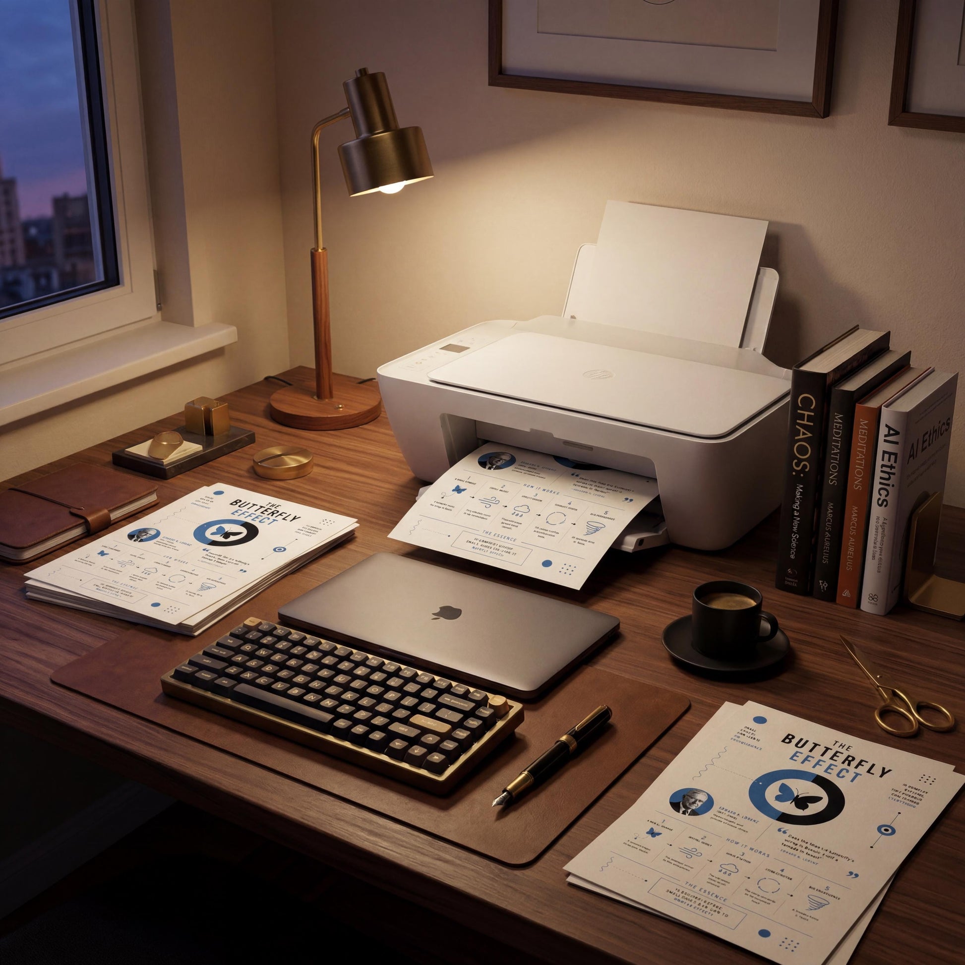 a well-organized workspace with a laptop, printer, books, and various office supplies arranged on a wooden desk.