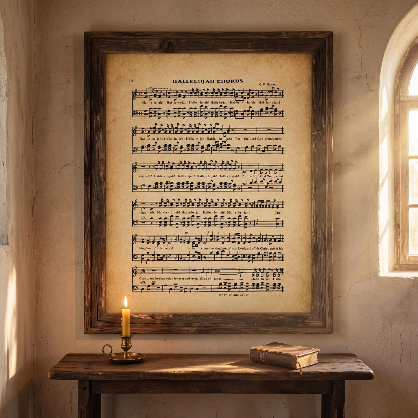 a wooden table with a lit candle, a book, and a framed sheet music poster hanging on the wall above it.