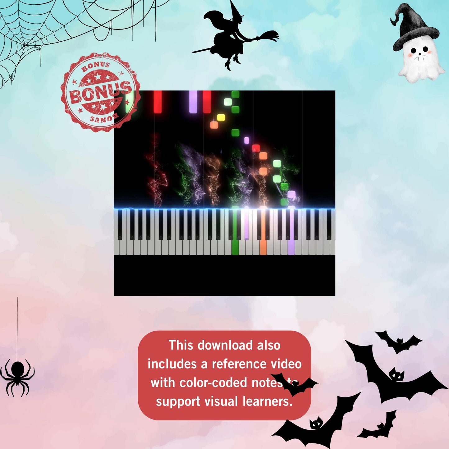 Spooky Halloween Piano Medley Grade 4–5, digital sheet music bundle with note names, color-coded notes, MP3 demo tracks, and MP4 tutorial videos, printable PDF and PNG files, perfect for seasonal classroom use.