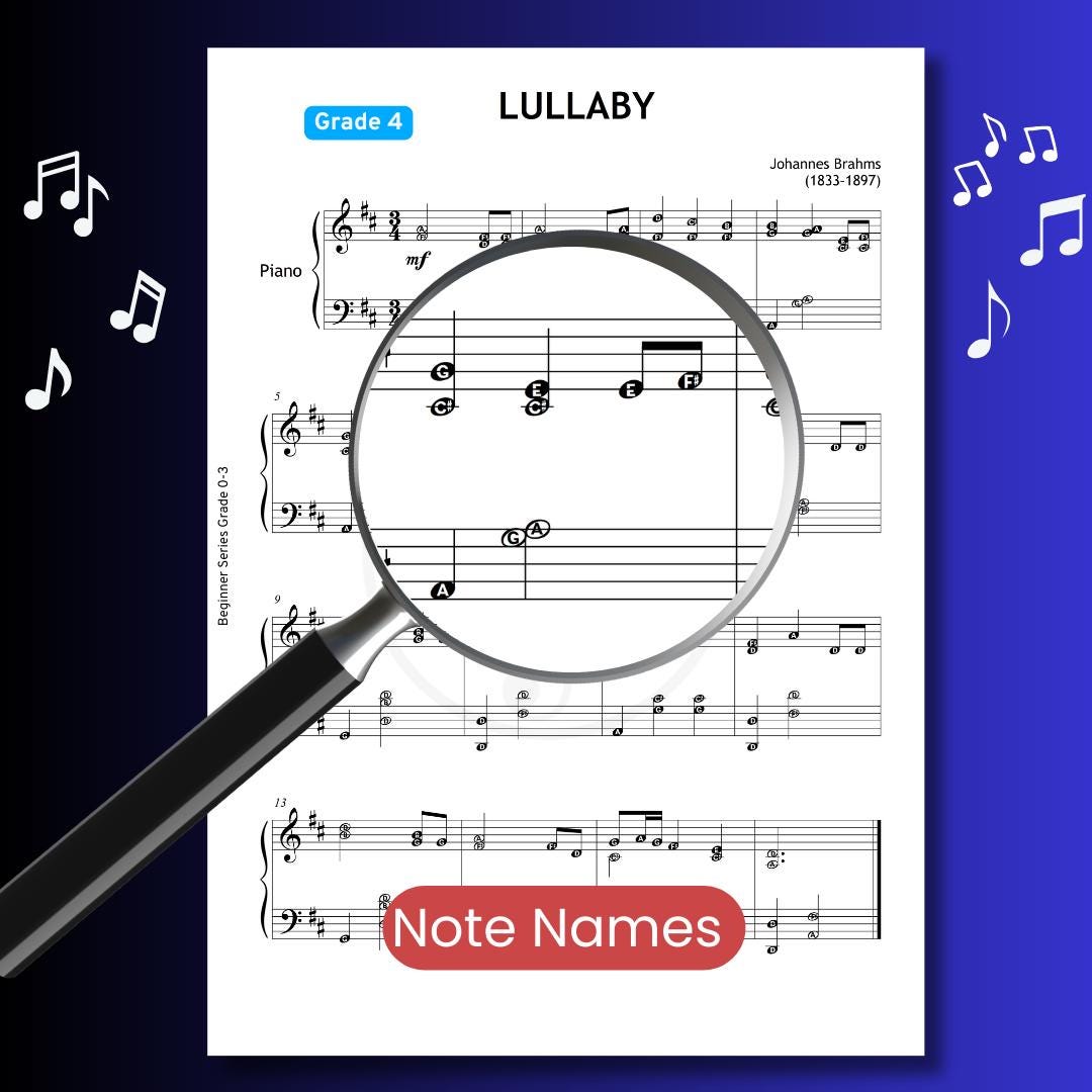 Brahms Lullaby Grade 4 Piano Sheet - Digital Download with Finger Numbers, Colored Notes, MP3, Tutorial Video