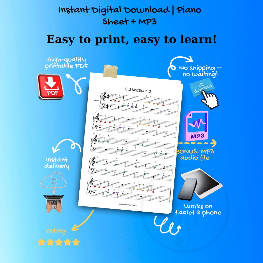 Old MacDonald Had a Farm - Grade 1 Simplified Easy Piano Sheet for Kids | Color Coded + Letter Notes + MP3 + Video - Nursery Rhymes