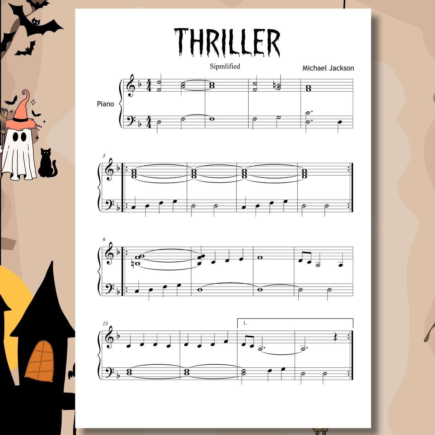 Halloween beginner piano sheet music bundle PDF, 11 famous spooky songs at Grade 1–2 level: Casper, Addams Family Theme, Ghostbusters, Thriller, Jaws Theme, Funeral March, Funeral March of a Marionette, Danse Macabre, In the Hall of the Mountain King, The Phantom of the Opera, and Harry Potter Hedwig’s Theme, includes note names, colors, MP3 demos, and MP4 tutorials.
