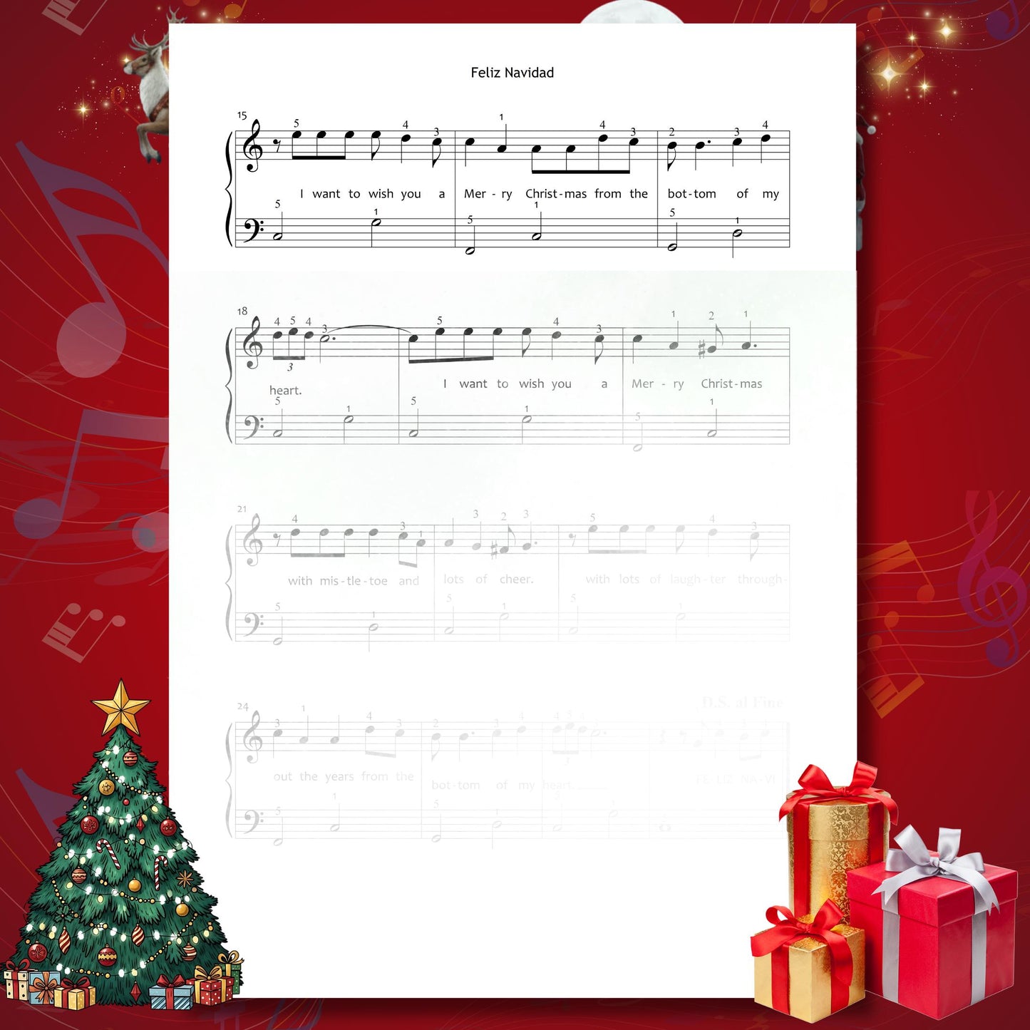 Feliz Navidad by José Feliciano beginner piano sheet music PDF presents a lively seasonal melody with lyrics and uncluttered engraving, making it suitable for tablet reading or printing for recitals.