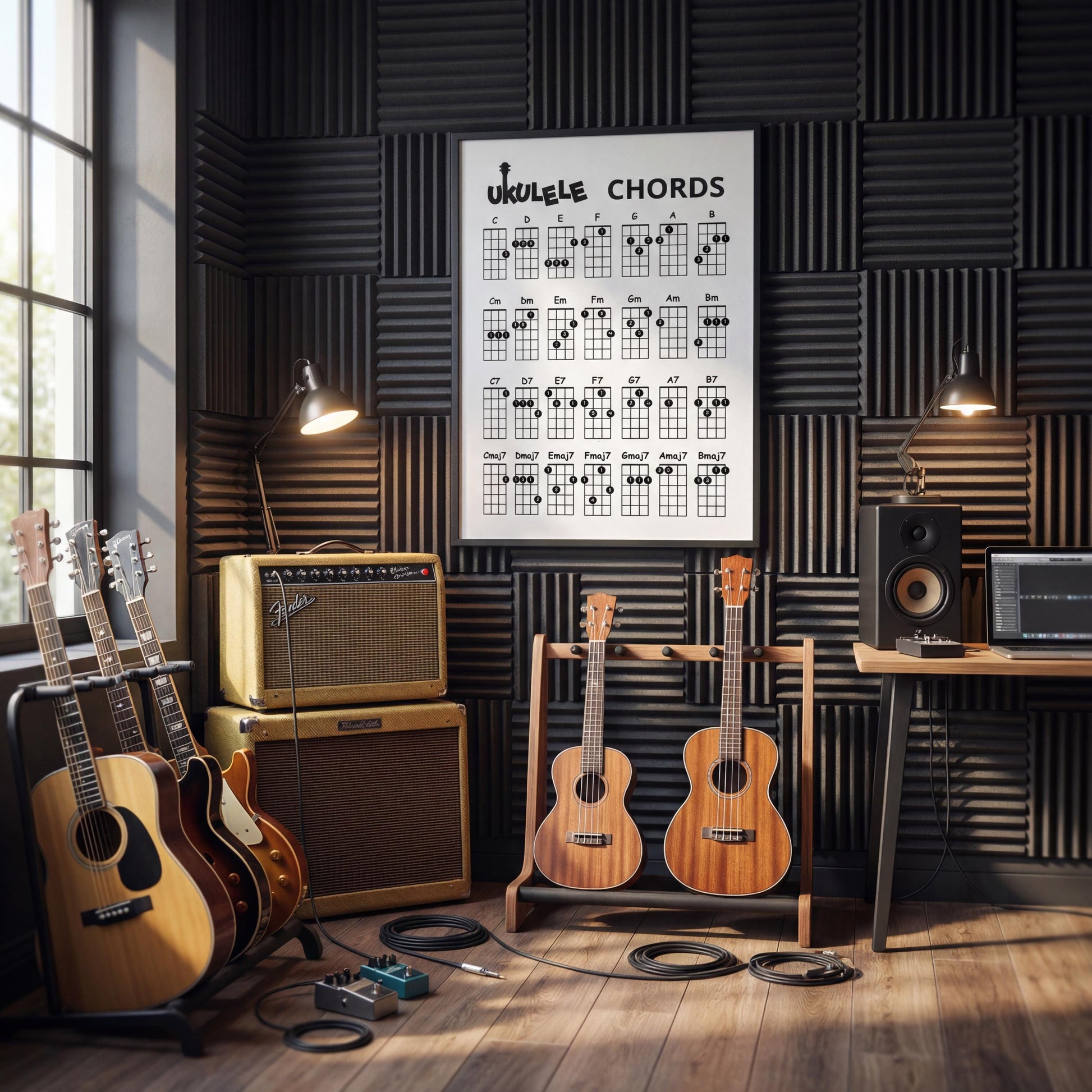 Ukulele chords wall chart printable PDF offering a practical visual reference for chord fingering, designed for classrooms, practice rooms, and home studios.