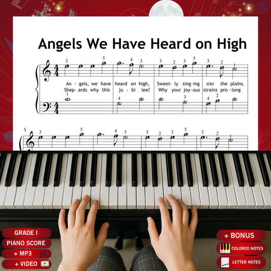 Angels We Have Heard on High by Traditional downloadable and simplified piano sheet music PDF brings the joy of Christmas gifts 2025 with personalised, eco-friendly and last-minute digital Christmas printables, featuring Grade 1 lyrics, finger numbers, note names and color-coded notes for festive learning and instant musical celebration.