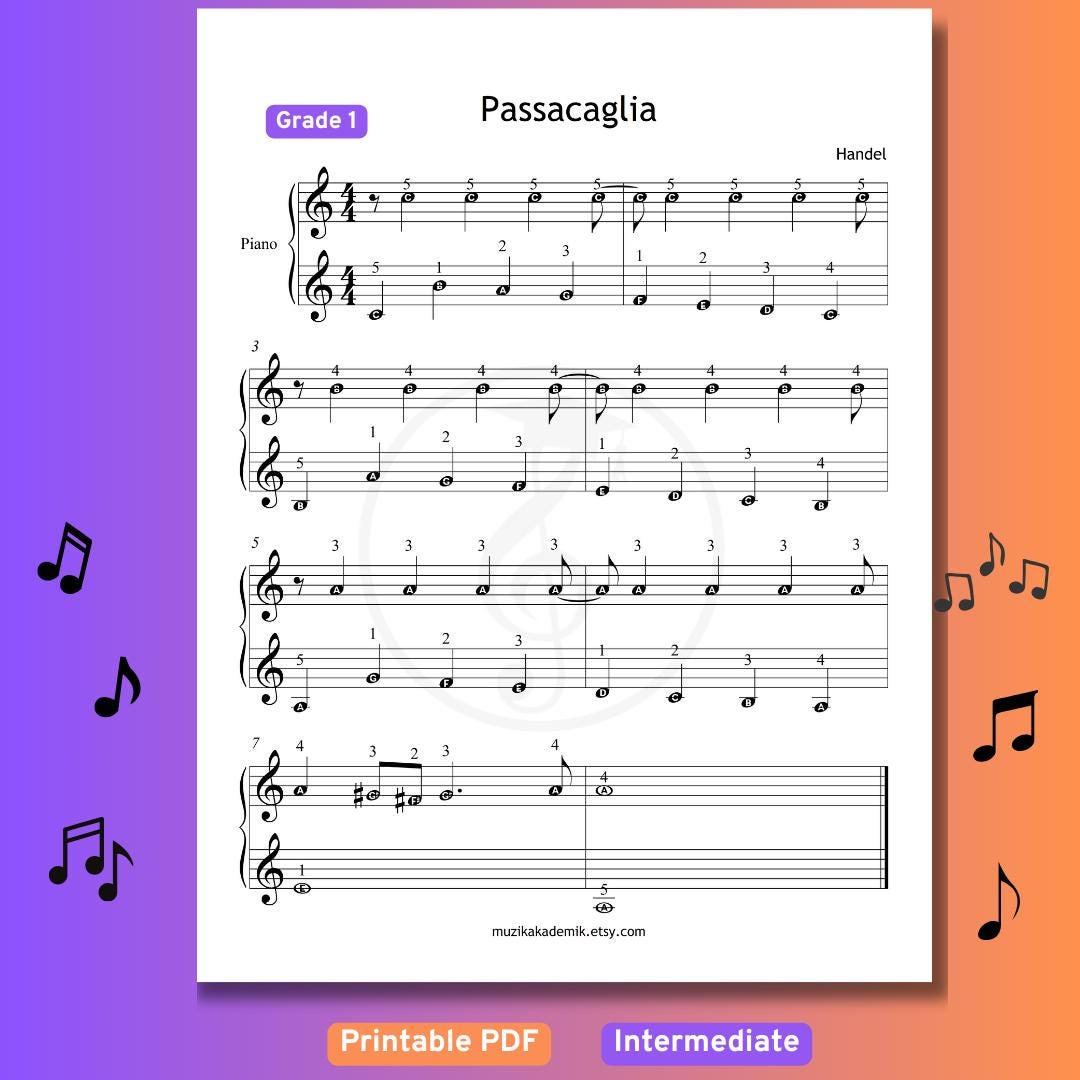 Passacaglia - Handel and Halvorsen | Grade 1 Printable Color Notes - Easy Piano Sheet Music