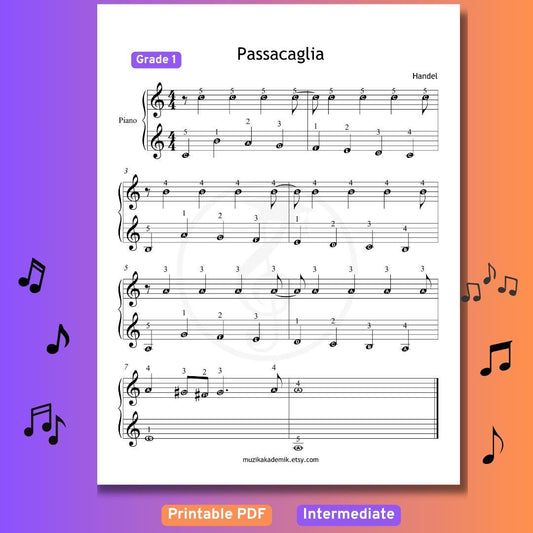 Passacaglia - Handel and Halvorsen | Grade 1 Printable Color Notes - Easy Piano Sheet Music